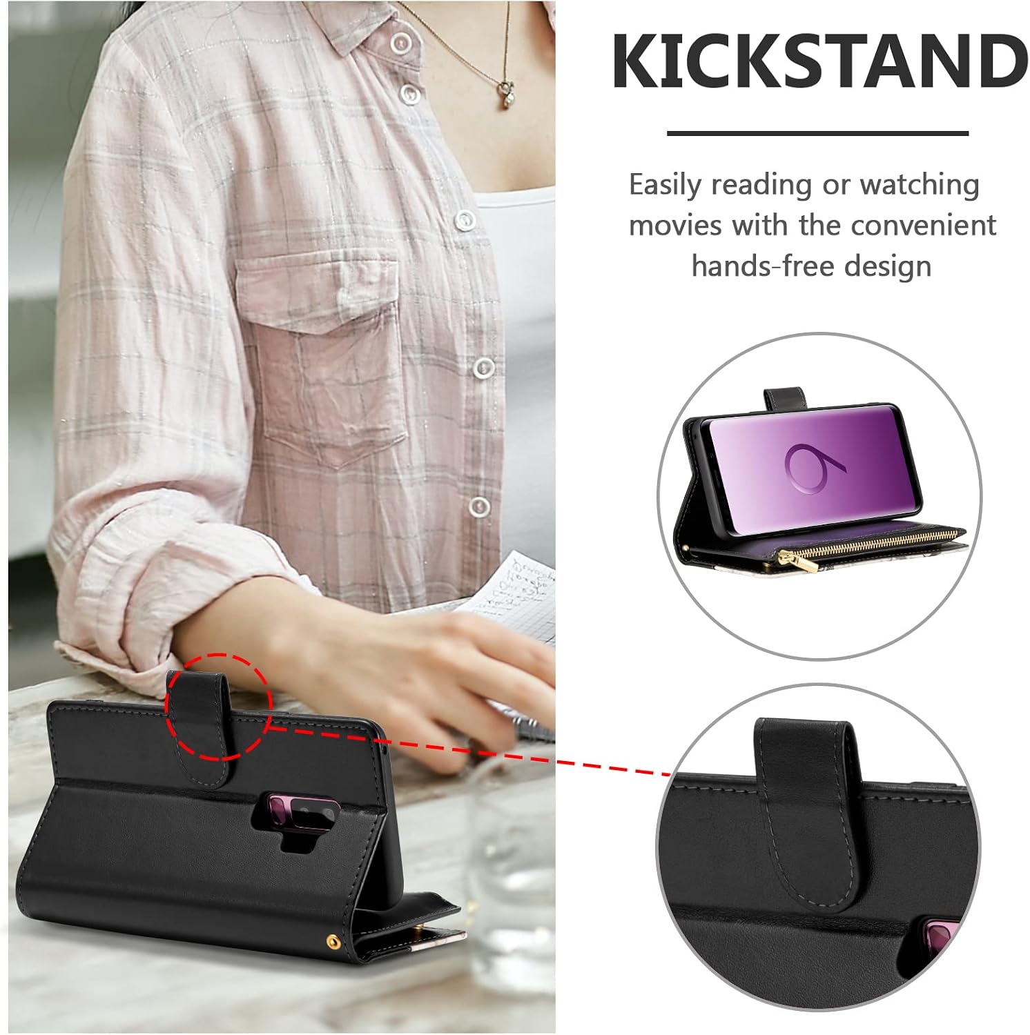UEEBAI Wallet Case for Samsung Galaxy S9 Plus, Premium PU Leather Magnetic Closure Handbag Zipper Pocket Case Kickstand Card Slots with Hand Strap Shockproof Flip Case - Flower Black