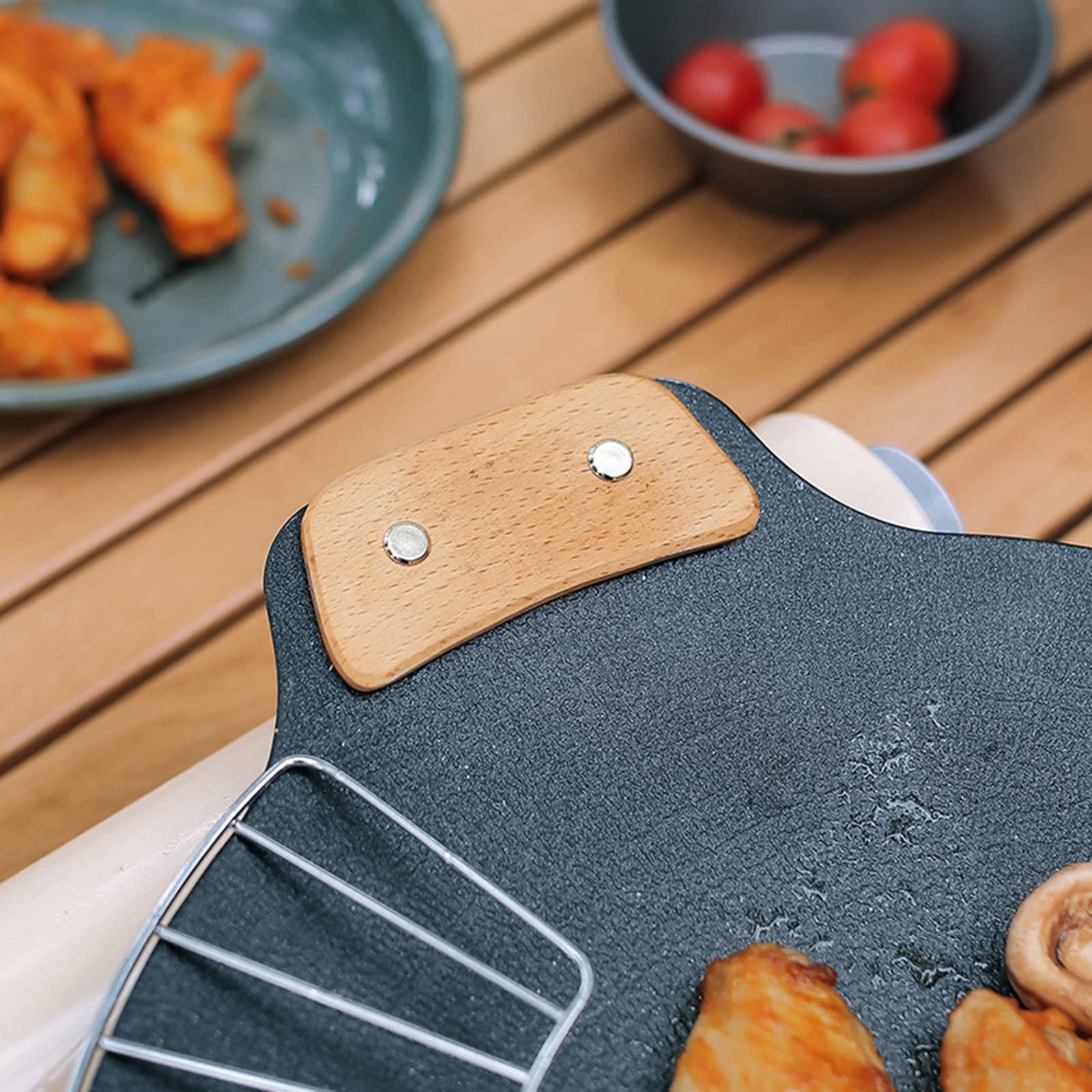 2 asas de bandeja de barbacoa para acampar al aire libre, mango de placa de barbacoa, mango de sartén de madera de haya