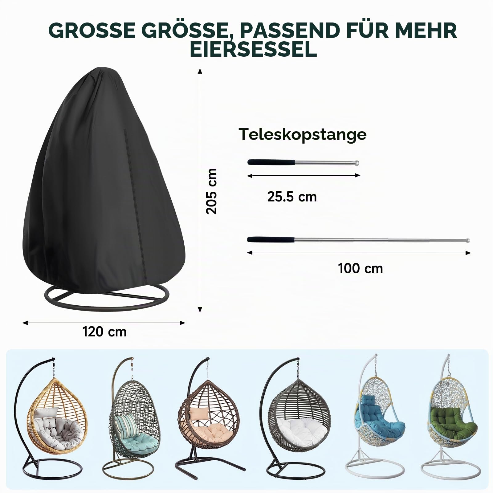 NEVERLAND Hängesessel Abdeckung, 420D Oxford-Gewebe Schutzhülle für Hängesessel mit Wasserdichtem Reißverschluss und Zugband,Winddichte Abdeckung geeignet für Hängestühle und Schwebesessel 205 * 120cm