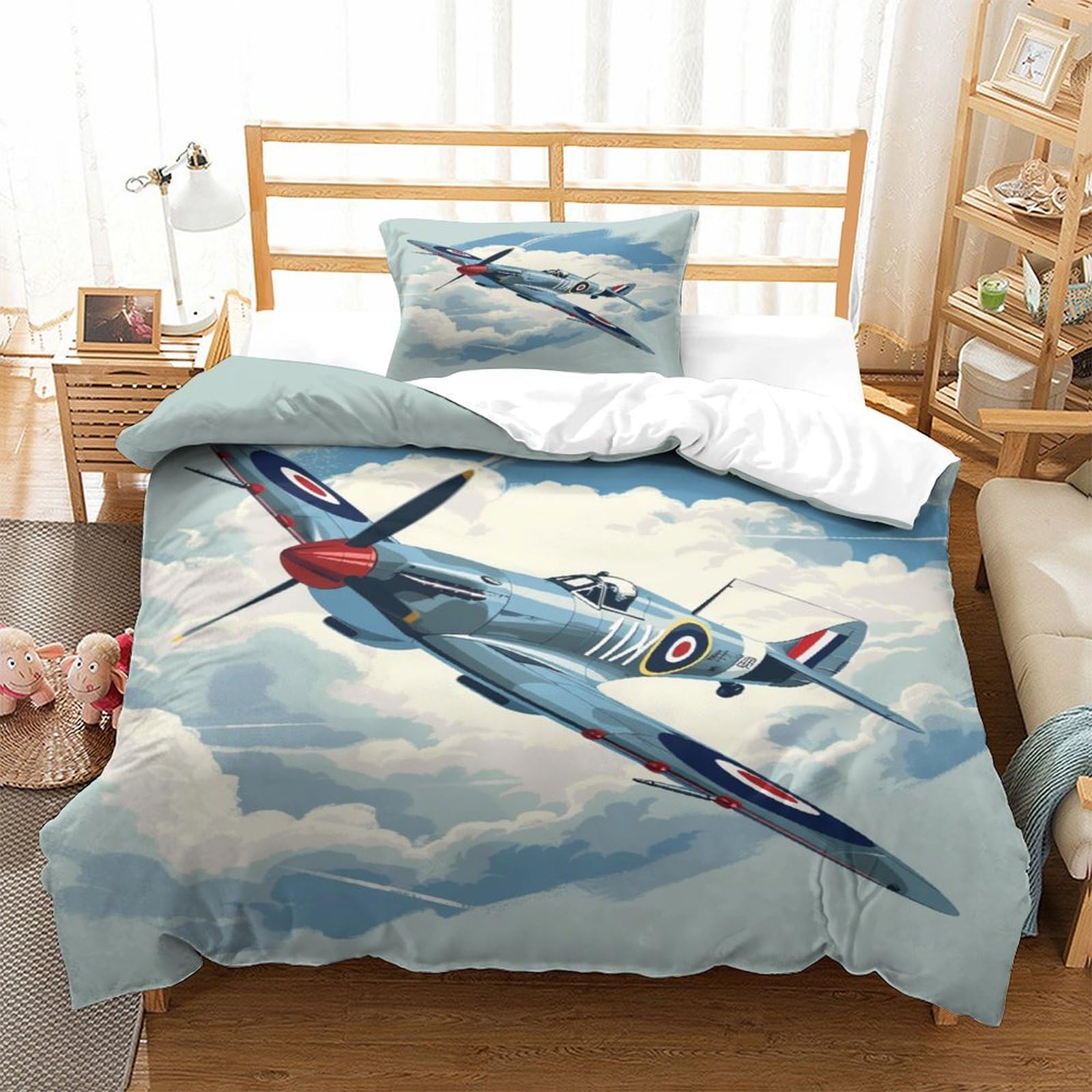 P1s9u7w5y Aircraft-7 Sky Cloud Design 3D Printed Airplane Duvet Cover Set 3Pcs Microfiber Plane Bedding Set Single（135X200cm）