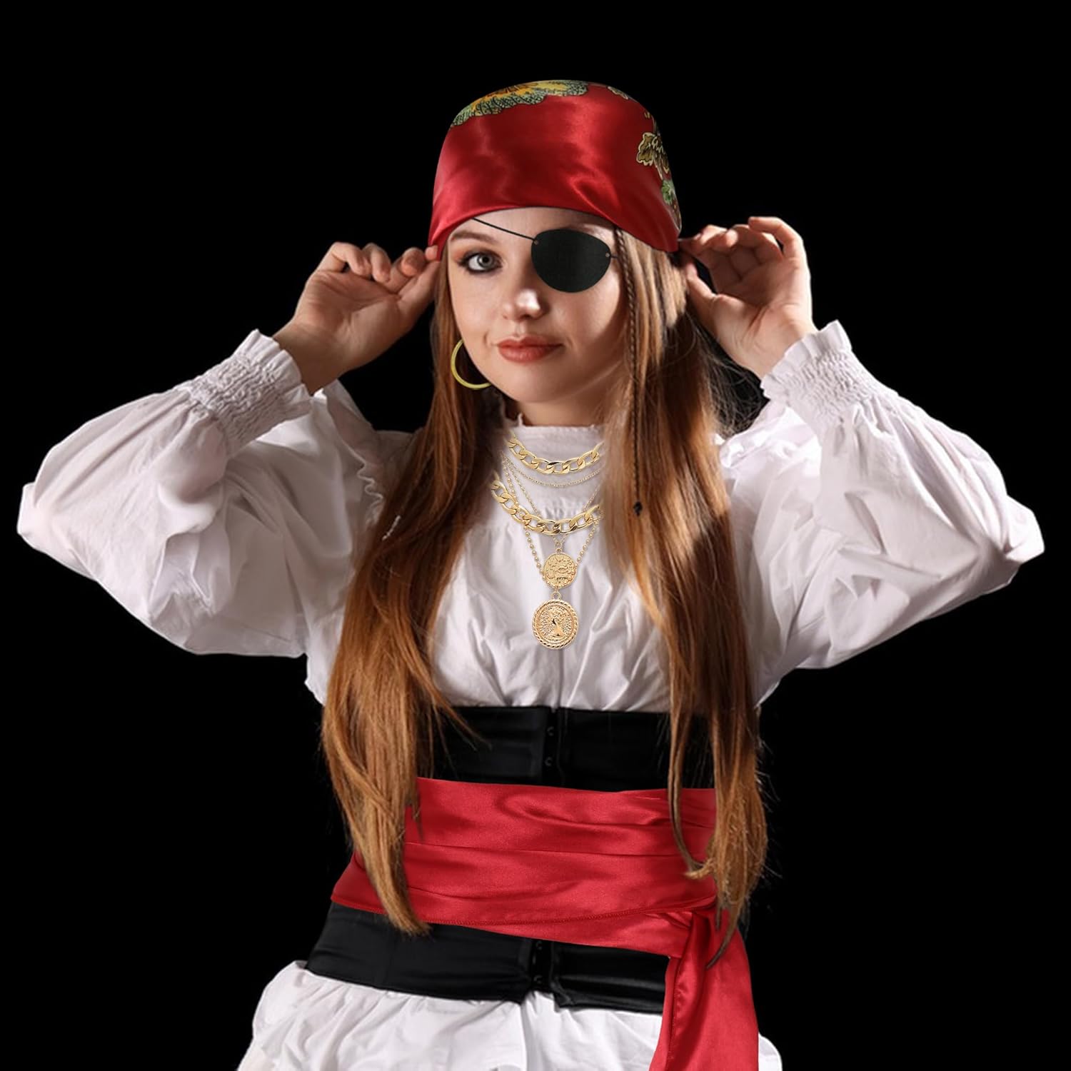 CICOCI Men Pirate Costume Accessories Set for Women: Pirate Hat, Head Scarf, Sash, Belt, Dress Accessories - Gold - Image 4