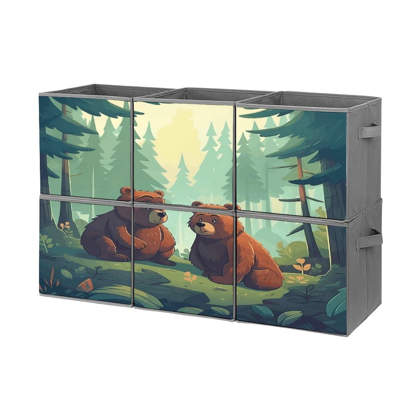 Btcowzrv Style Hand Drawn Bear Storage Cubes, 6 Pack Oxford Fabric Foldable Collapsible Bins With Handles, Cubby Storage Baskets Boxes For Closet Shelves Office Organization