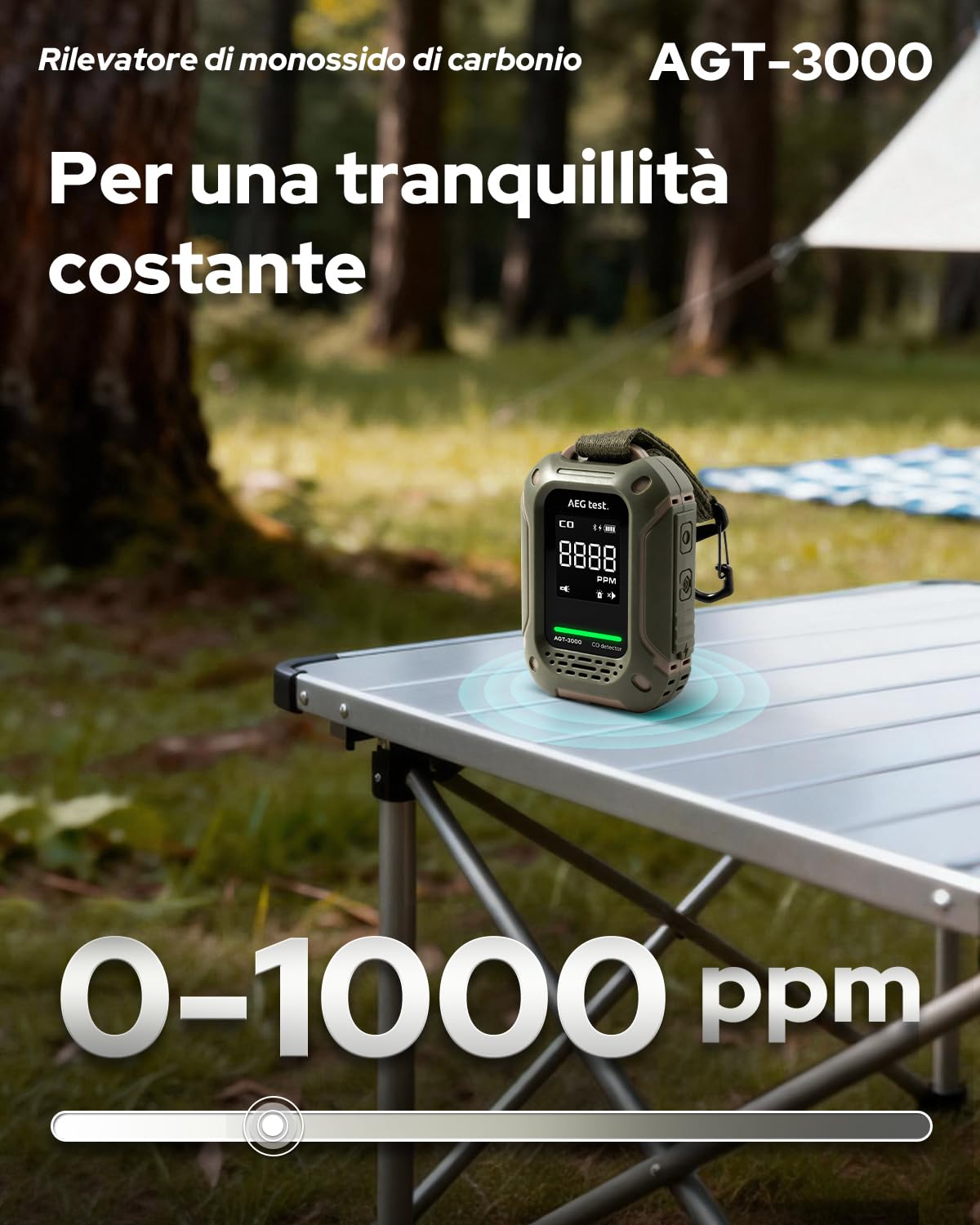 AGT-3000 Rilevatore portatile di monossido di carbonio, standby 240 h, sensore CO aggiornato per viaggi, rilevatore CO ricaricabile con allarmi sonori e visivi per campeggio, 0–1000 ppm