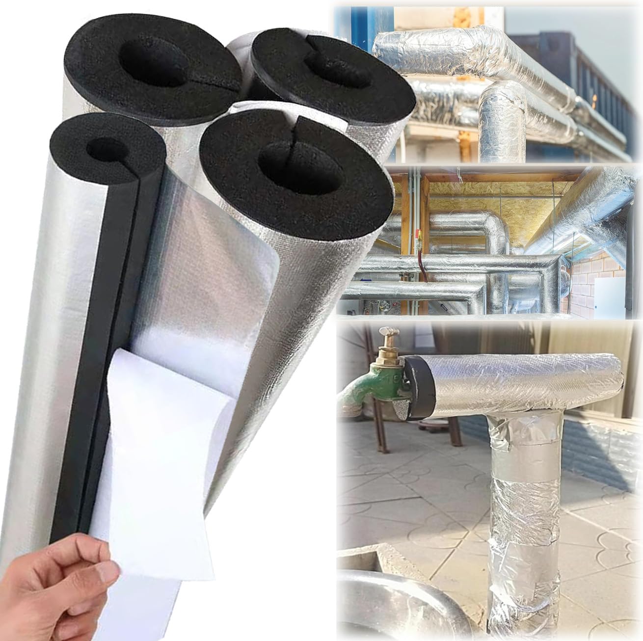 Tubo de Espuma, Fundas de Aislamiento Térmico para Tuberías Exteriores, Coquilla Aislante de Papel de Aluminio Autoadhesivo, Ignífugo Aislamiento de Tuberias (ID) 219mm x (T) 10mm x (L) 0.95m