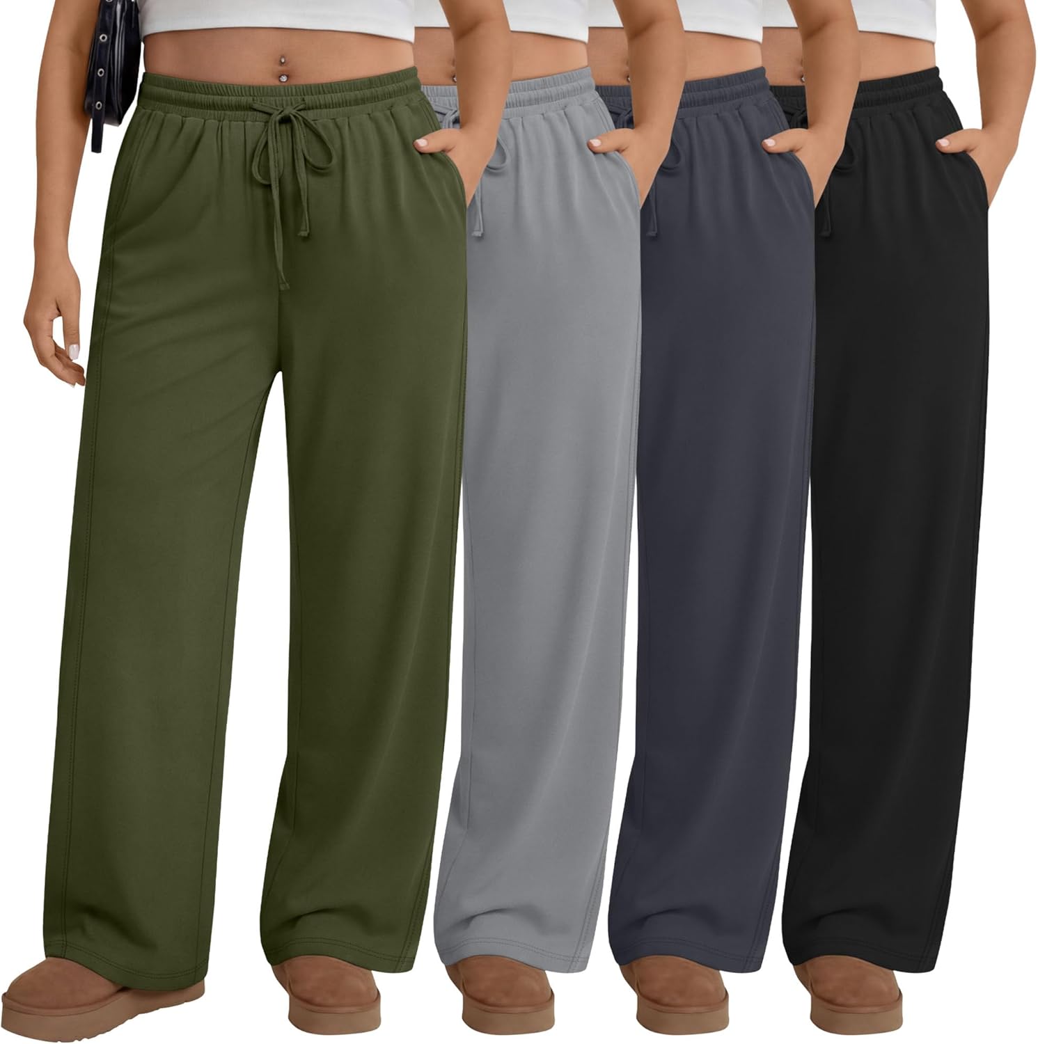 4 Pack Women's Plus Size Pants Wide Leg Yoga Pants Elastic Waist Drawstring Sweatpants Pocket Lounge Casual Jogger