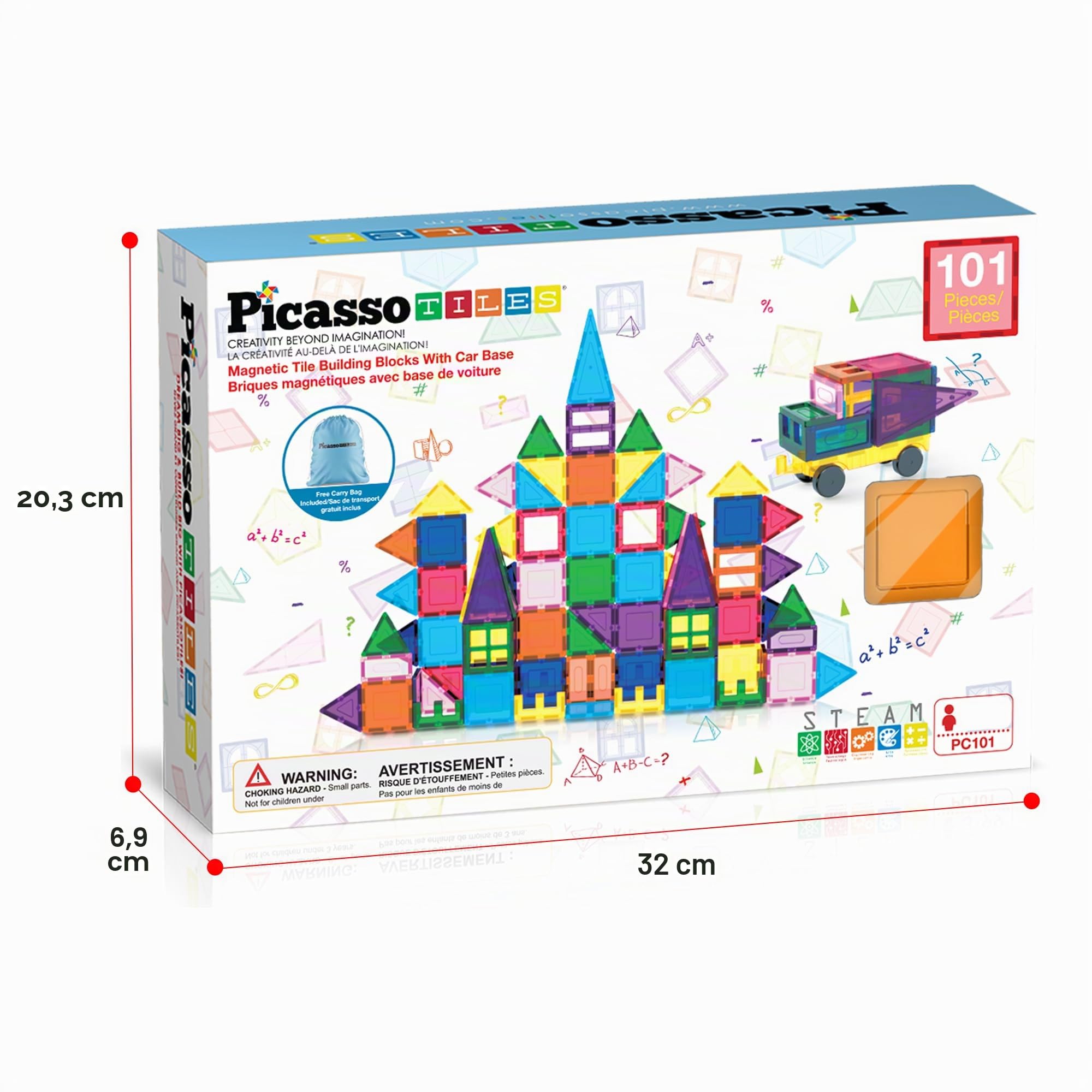 PicassoTiles Bloques de construcción magnéticos con base de coche, cordón, bolsa de transporte para almacenamiento de juguetes, bloque magnetizado para niños, juego de juguetes magnéticos STEM, a