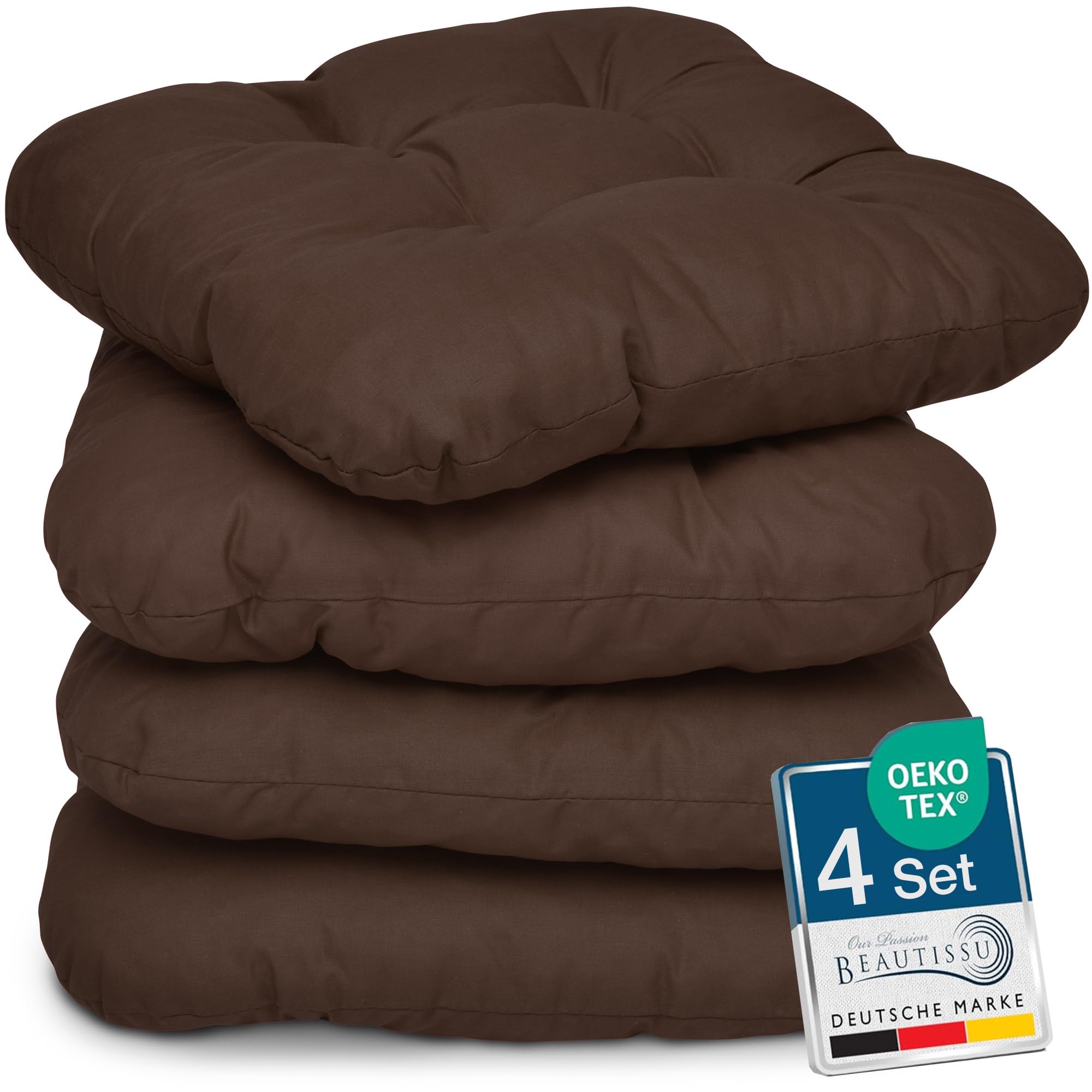 Beautissu 4er Set Sitzkissen 40x40 cm Lisa Braun - weiche Indoor & Outdoor Kissen mit 8cm Schaumstoff Füllung, widerstandsfähige & robuste Sitzpolster für Außenbereich Made in EU