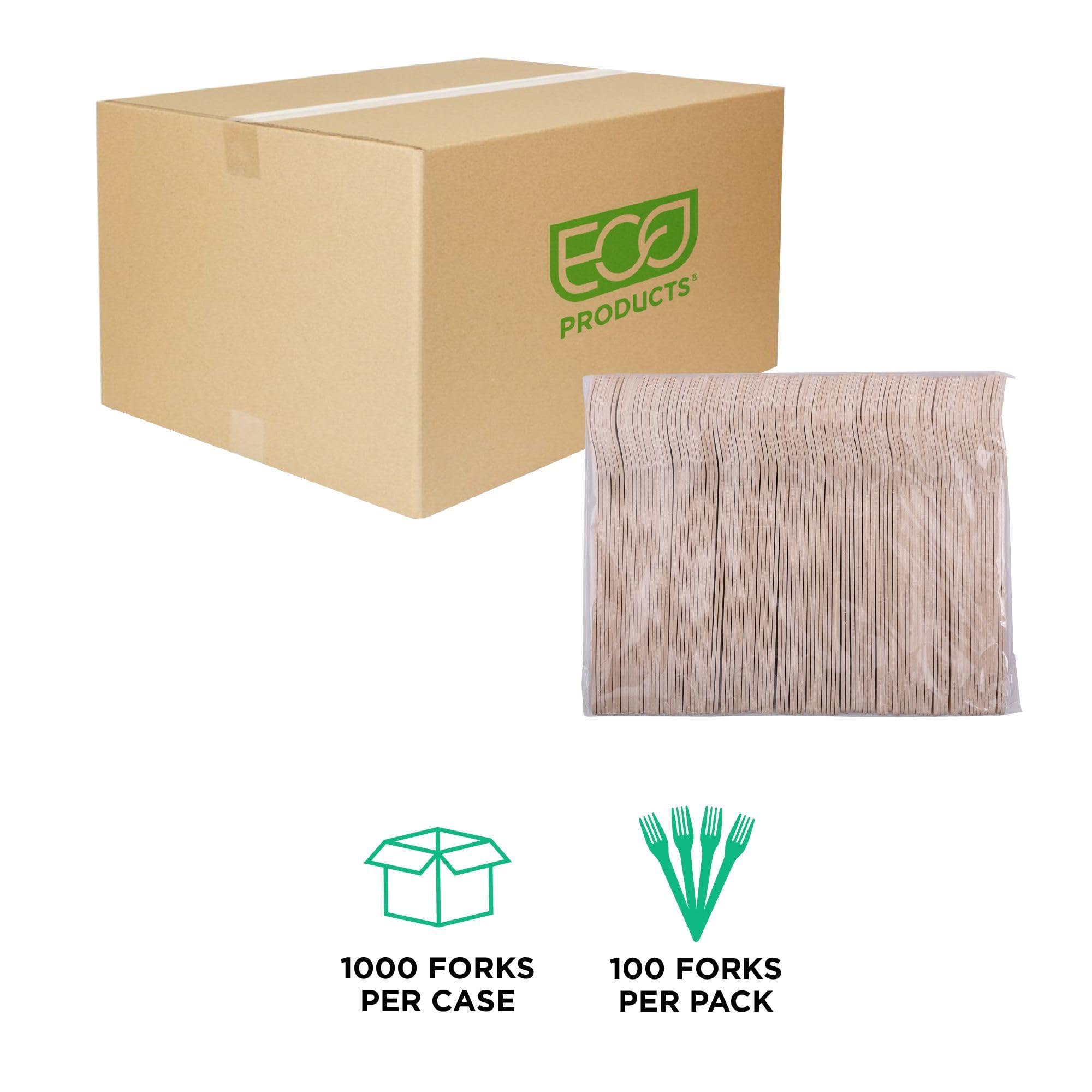 Eco-Products - Forchette in legno rinnovabili e compostabili, 16,5 cm, confezione da 1000, forchette in legno certificata FSC, adatte per cibi caldi e freddi, modellate nel manico per una migliore