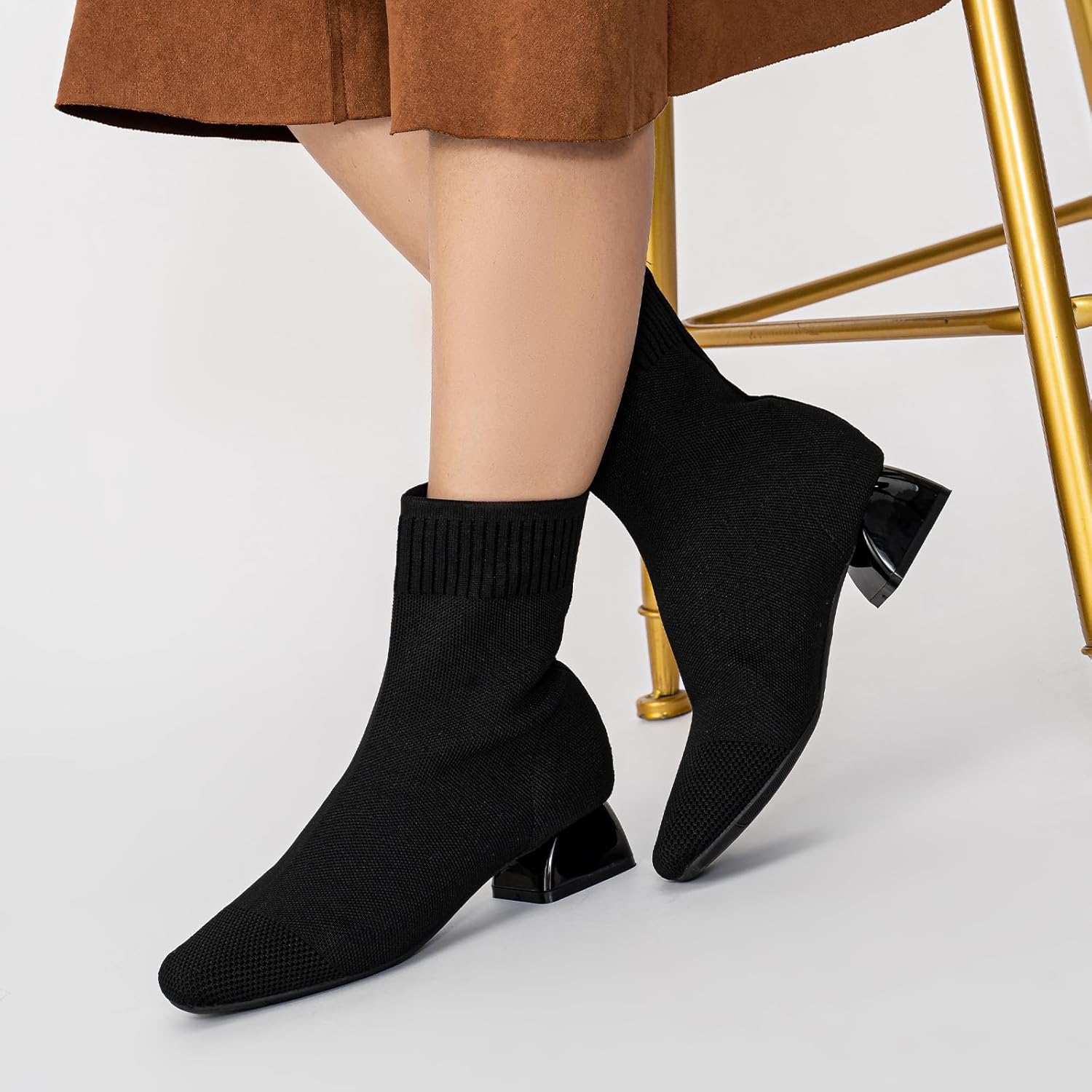 Women's Ankle Boots Comfortable Pointed Toe Breathable Sock Knit Low Heel Fall Work Office Booties - Image 7