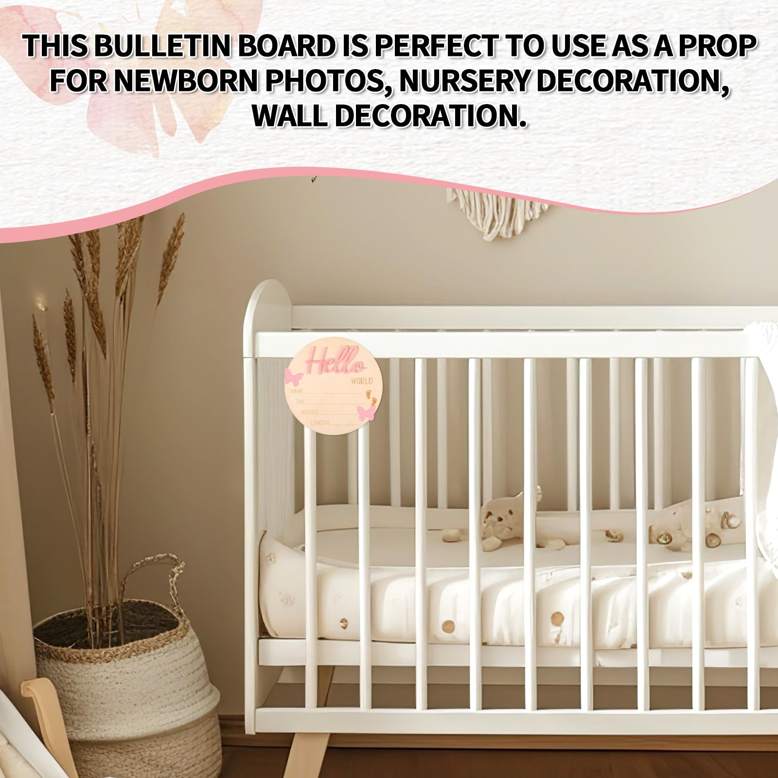 Lyreh Panneau D'annonce Bébé, Plaque Hello World Bois pour Nouveau Panneau Prénom Garçon Fille Accessoires Photo pour Hôpital Chambre Bébé Maison