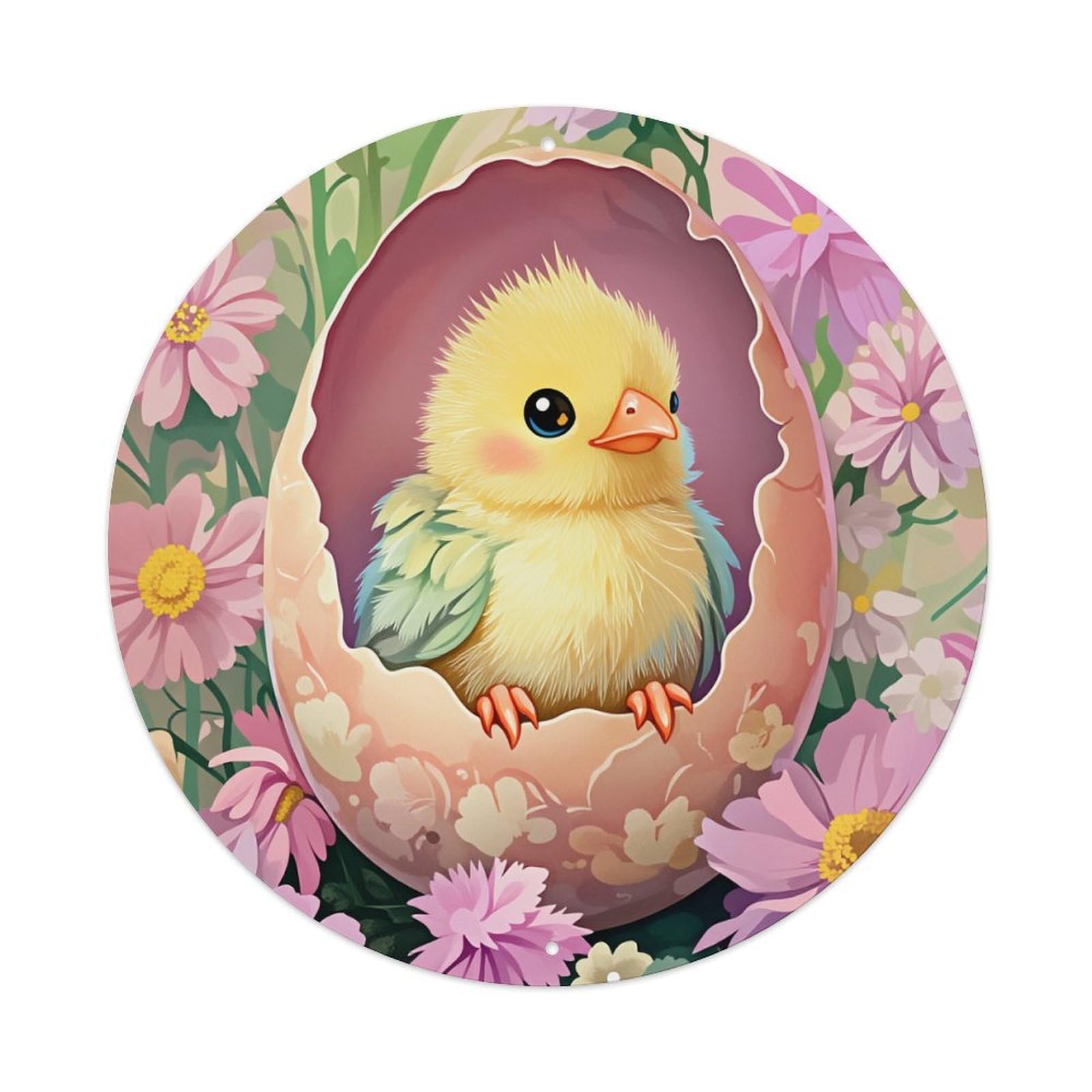 Floral Chick Egg Spring Pattern Round Tin Sign Vintage Metal Poster, Home Bar Garage Man Cave Cafe Indoor & Outdoor Wall Decoration 8x8Inches