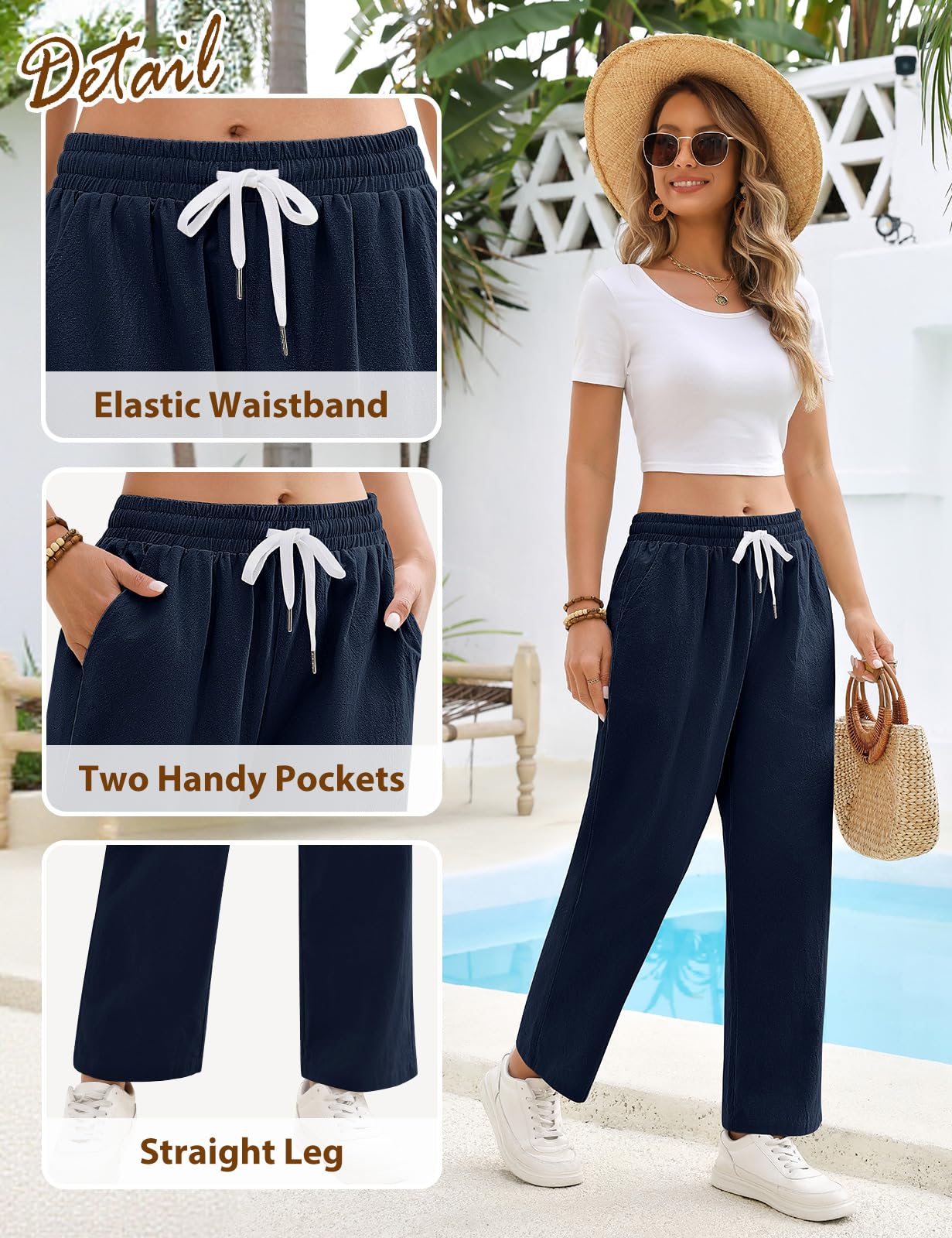 Pantalones Mujer Verano 7/8 Largos Algodón Ligero Casuales Cintura Alta Elástico con Bolsillos Rectos Playa