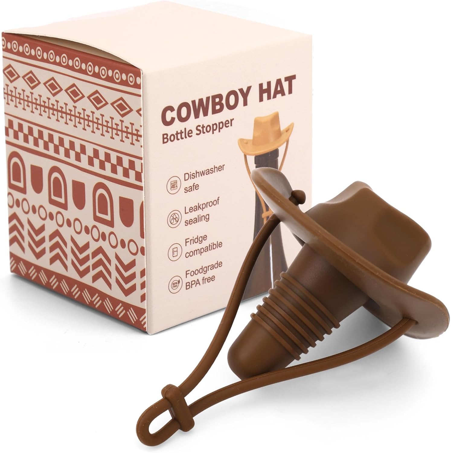 Cowboy Hat Wine Bottle Stopper, Funny Silicone Wine Plug Decorative Topper Champagne Cork Cover Cap Mother & Father Gifts to Seal and Keep Wines Fresh (Dark Brown)