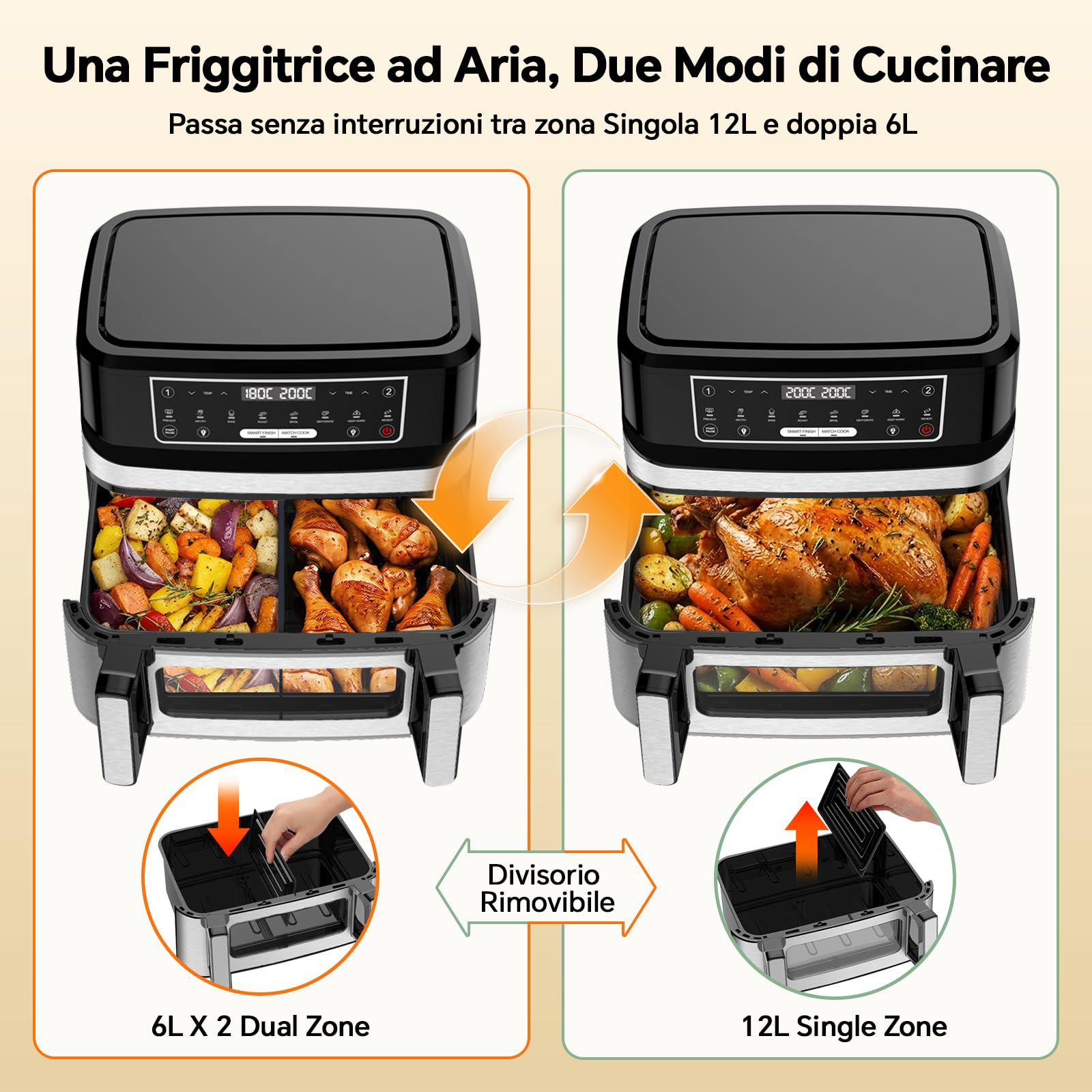 Friggitrice ad Aria 12L | Friggitrice Aria XXL Modalità Flessibile 1 o 2 Zone, 2600W Doppia Resistenza Controllo Indipendente Finestra & Luce Interna, Air Fryer Grande 8-in-1 Touch Control Ricettario