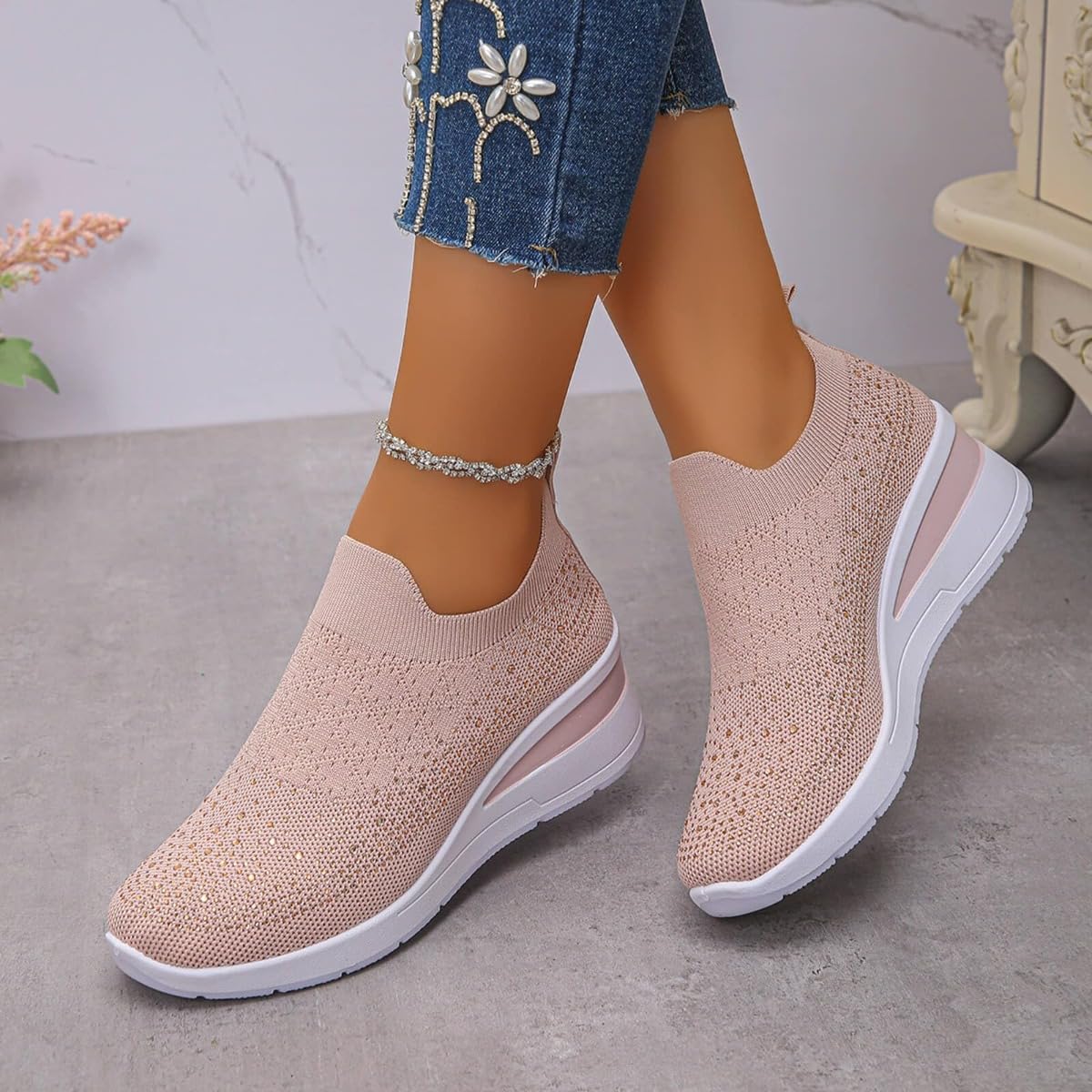 Tenis de cuña transpirables con diamantes de imitación brillantes para mujer, de malla, sin cordones, con plataforma de cuña ortopédica, brillantes para boda, zapatos de tenis de punto para novia