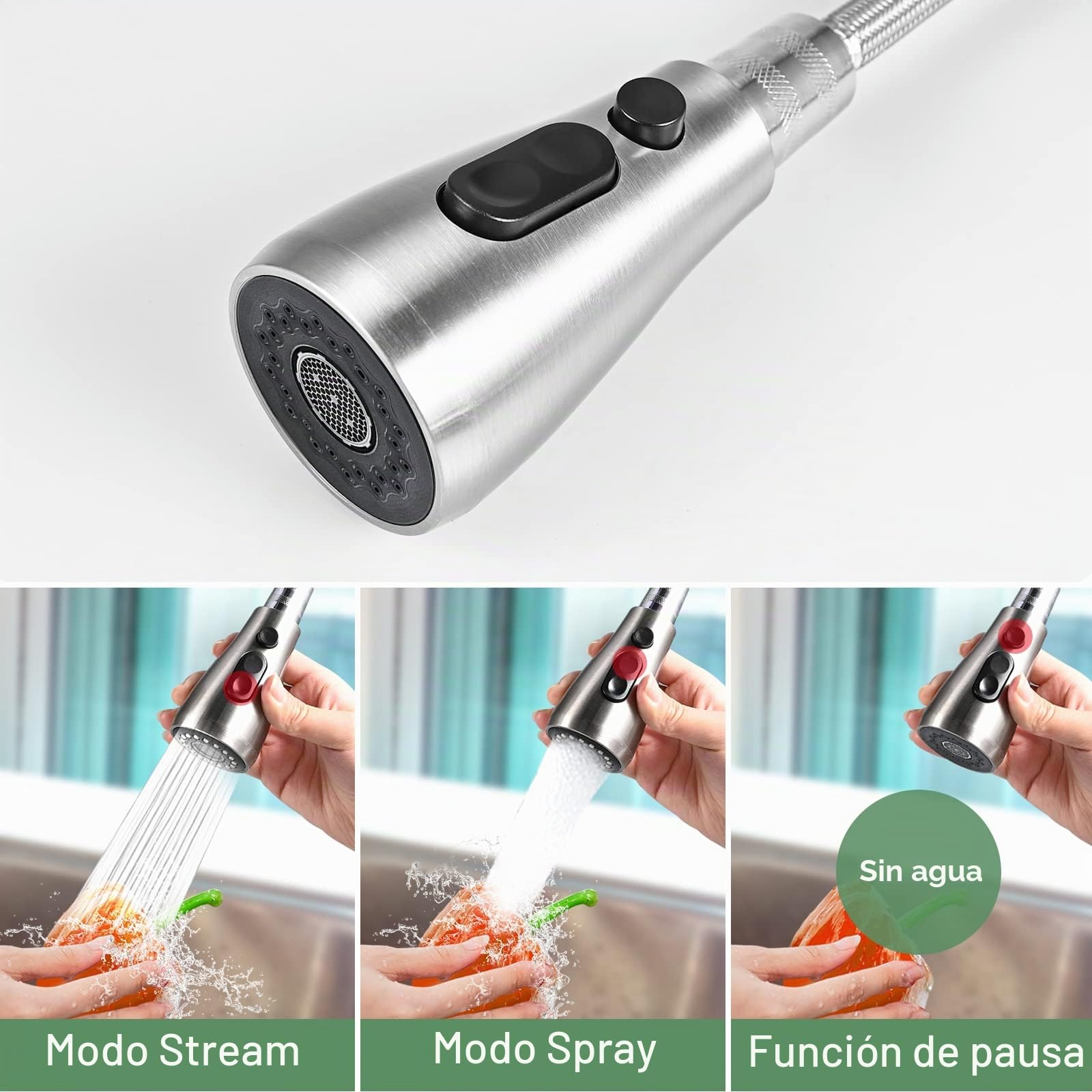 Cieex Grifo Cocina Extraíble, Completo Grifos Cocina Fregadero con Manguera, Torneira Cozinha de 3 Modos de Flujo de Agua, Control de Una Sola Manija, Material de Acero Inoxidable, con Cinta de Teflón