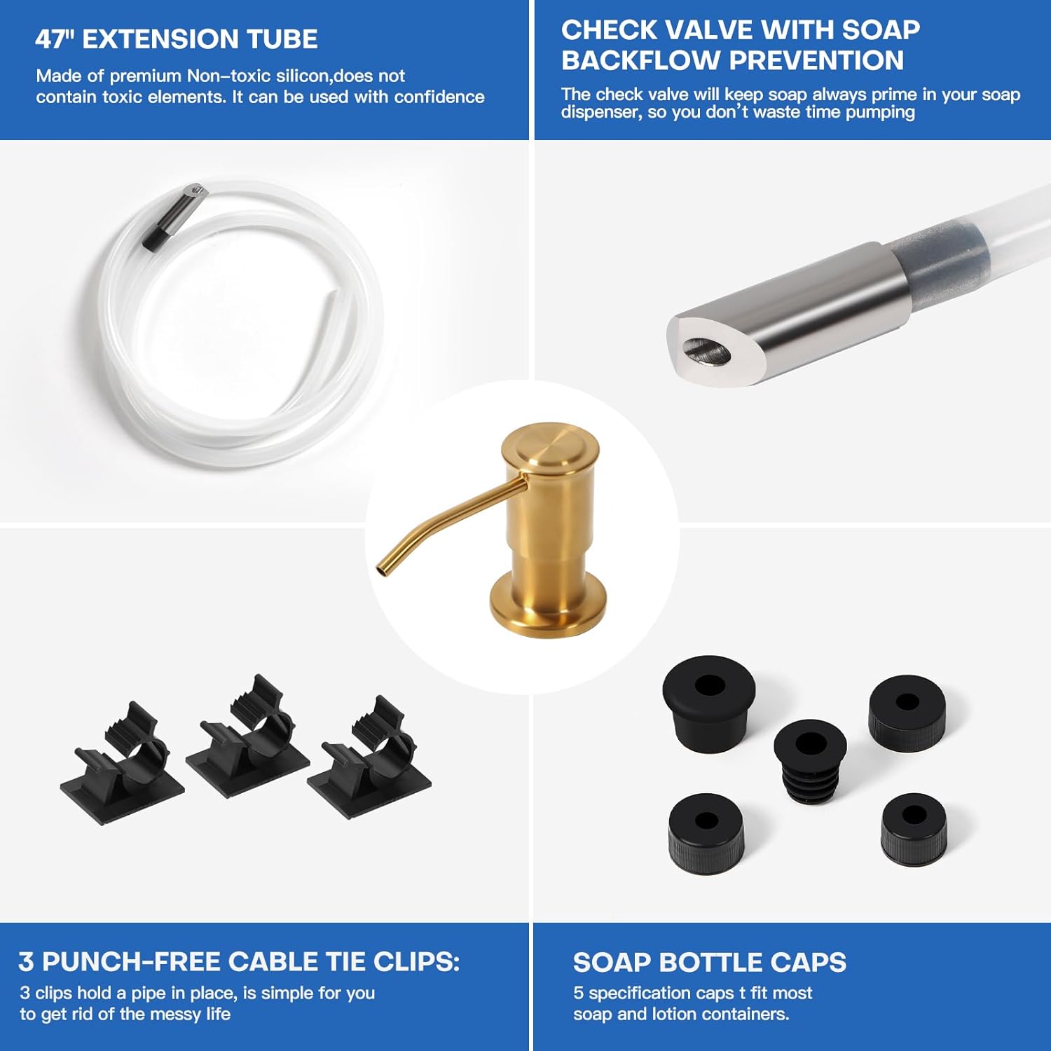 Soap Dispenser for Kitchen Sink, Brushed Gold Built in Soap Dispensers, Stainless Steel Sink Soap Dispenser or Lotion Dispenser Pump with 47" Extension Tube Kit, Upgraded Metal Check Valve - Image 5