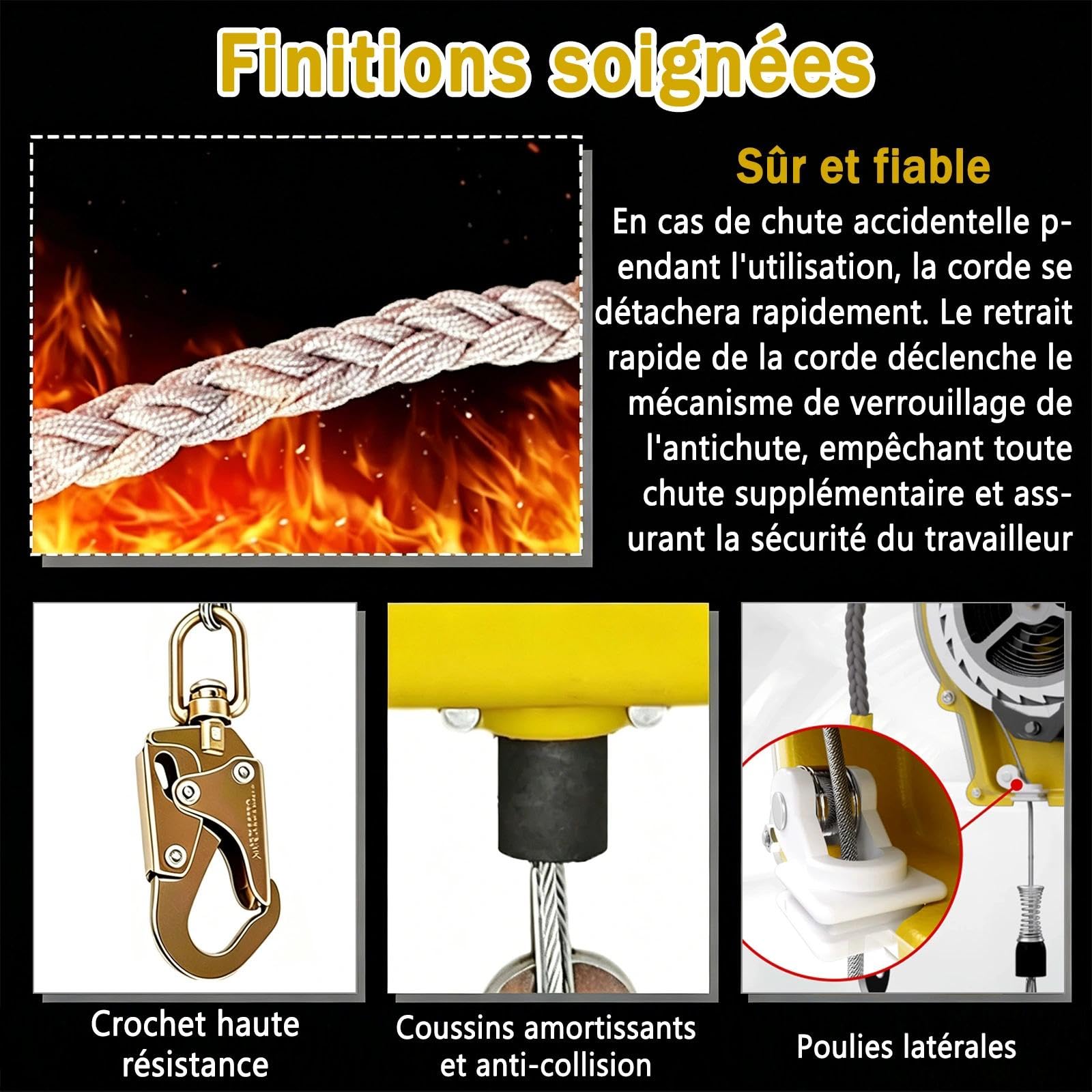 10m Dispositif Antichute a Rappel Automatique, Charge Max 150kg | Harnais de Securite Anti Chute Toiture et Travaux en Hauteur, Stop Chute Toiture avec Crochet Autobloquant 360° (Jaune,10m)