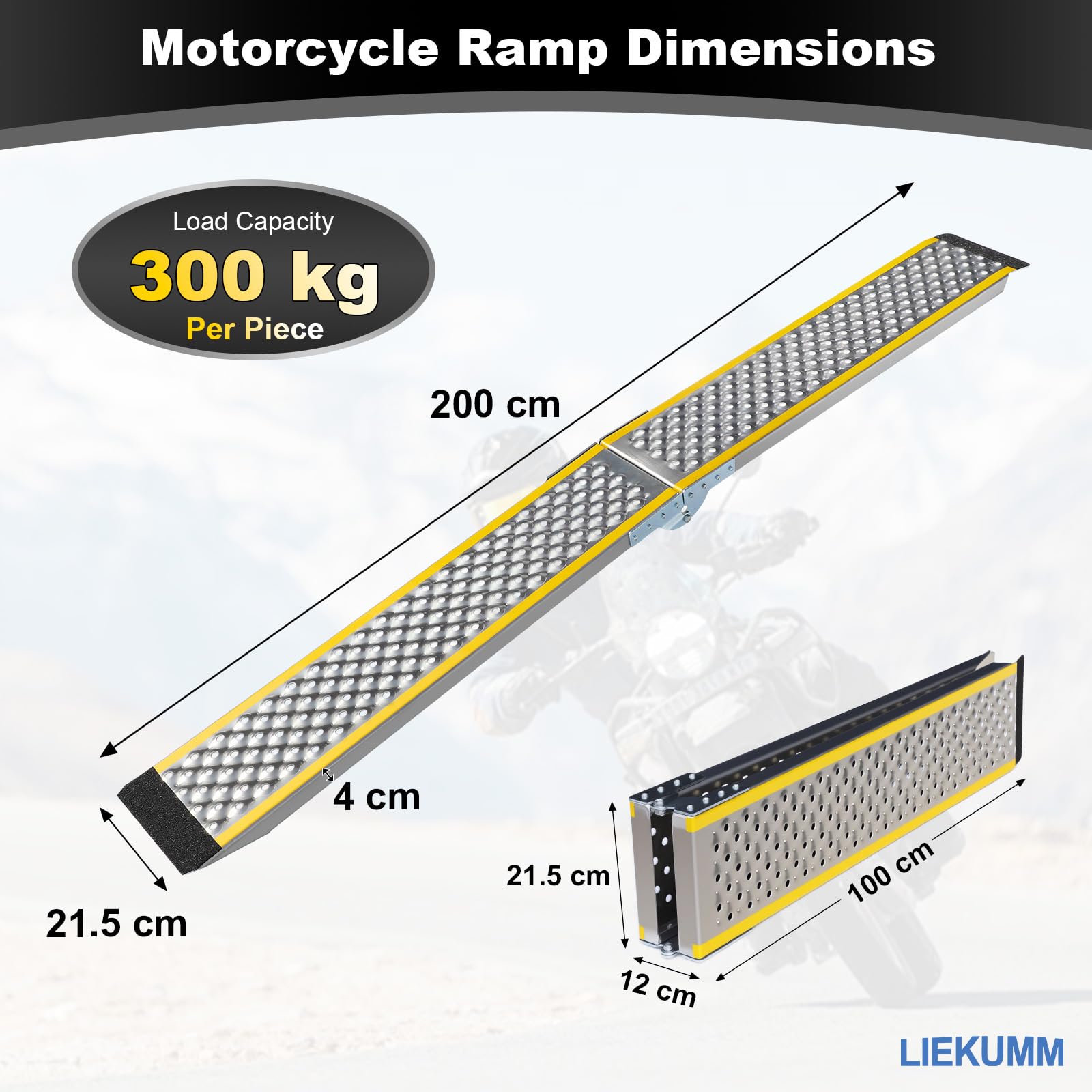 LIEKUMM Rampa di carico leggera per moto, 200 x 21,5 cm, pieghevole, in alluminio, per furgoni, portata 300 kg, antiscivolo, portatile, per E-bike, Dirt Bike, scooter, bici