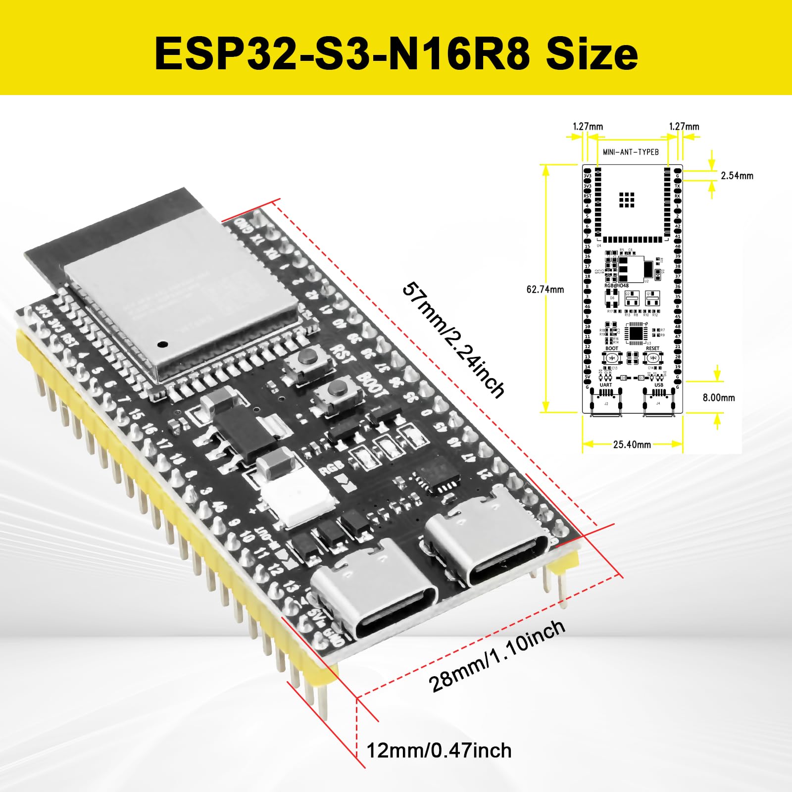 RUIZHI con ESP32 S3 ESP32-S3 DevKitC-1-N16R8 Scheda di sviluppo con Doppia interfaccia Type-C e 2,4-GHz WLAN Bluetooth 5.0 Saldatura Compatibile con Arduino(3 Piezas)