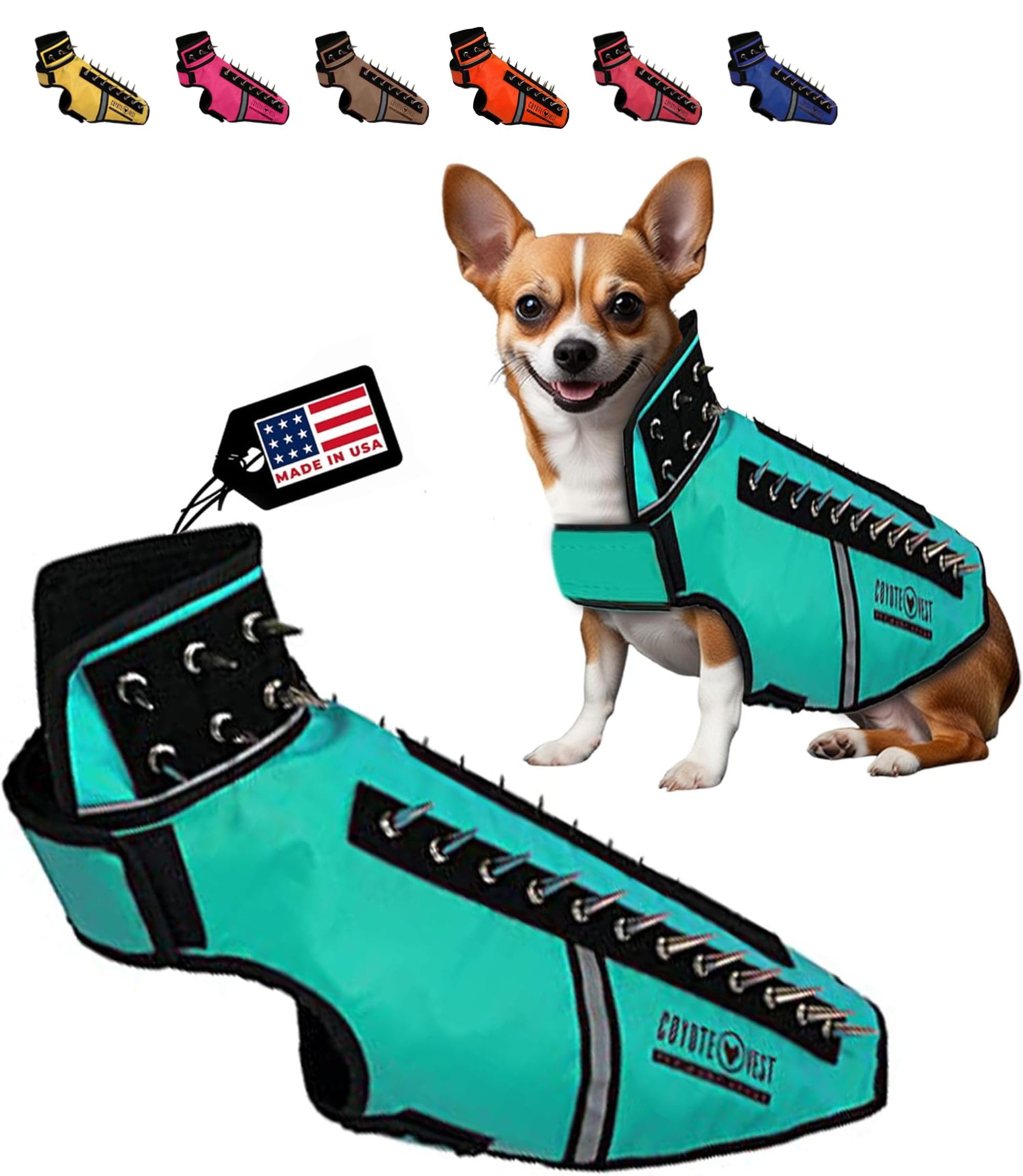 CoyoteVest SpikeVest Dog Harness Vest for Small Dogs, Reflective Dog Vest with Spikes to Shield Your pet from Coyotes, Raptor and Animal Attacks, Anti Hawk Vest, Made in USA (M-Turquoise)