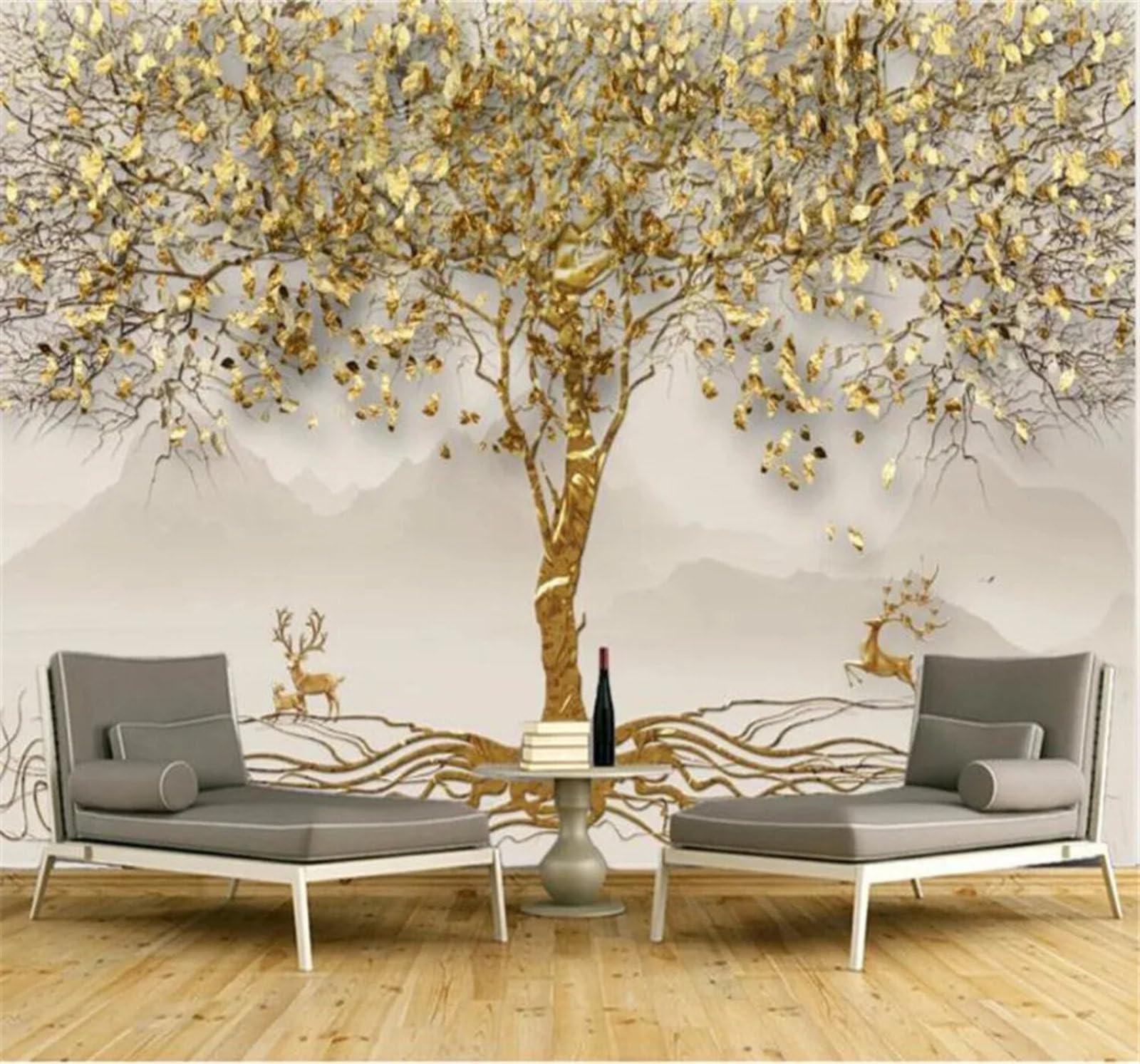 Tzxztt Minimalist Luxury Gold Leaf Forest Reindeer Landscape Modern 3D Wallpaper Premium Textured Silk Neutral Tones Material Ideal for Living Room Bedroom-250cm×170cm