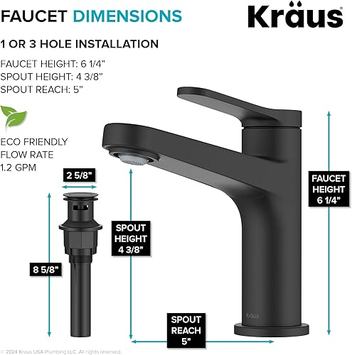 Miniatura 6 de KRAUS Indy - Grifo de baño en negro mate con mango único, drenaje emergente y líneas de suministro, KBF-1411MB