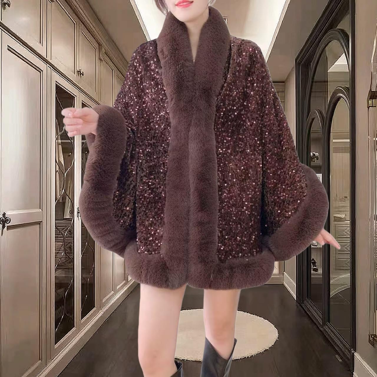Poncho De Mujer Chal De Piel Sintética Para Mujer Estola De Lujo Con Lentejuelas Brillantes Para Novia Largo Elegante De Punto Brillante Para Boda Fiesta De Noche Damas De Honor En Invie