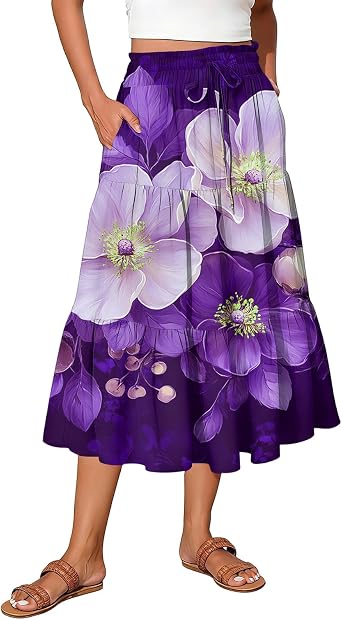 Midi Skirts for Women Summer Drawstring Elastic Waisted Tiered A Line Floral Ruffle Beach Vacation Skirts with Pockets