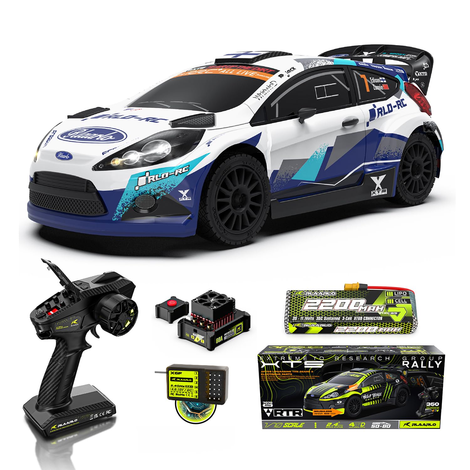CROBOLL RLAARLO 1/10 Brushless Carbon Fiber RC Drift Cars for Adults with Gyro, Max 50 mph Fast RC Rally Car, 2.4Ghz All Terrain Remote Control Car 4x4 Hobby RTR RC Truck?Blue & White?