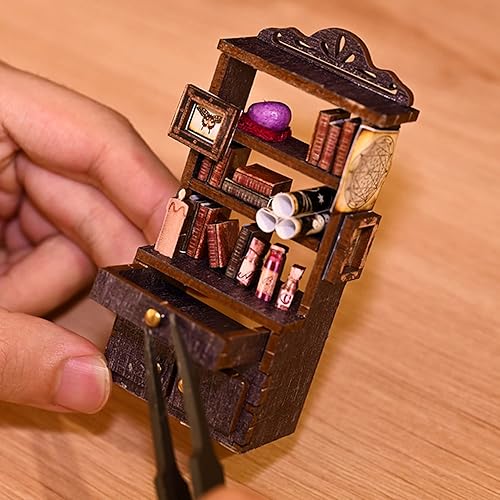 Miniatura 12 de Roroom Kit de rincón de libros para bricolaje, casa de muñecas, estante de libros, decoración callejón, con caja de música, rompecabezas de madera