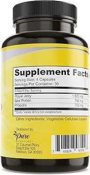 Pure By Nature Bee Pollen Supplement with Propolis & Royal Jelly for Immune Support, Antioxidant Properties, 120 Non-GMO Vegetarian Capsules