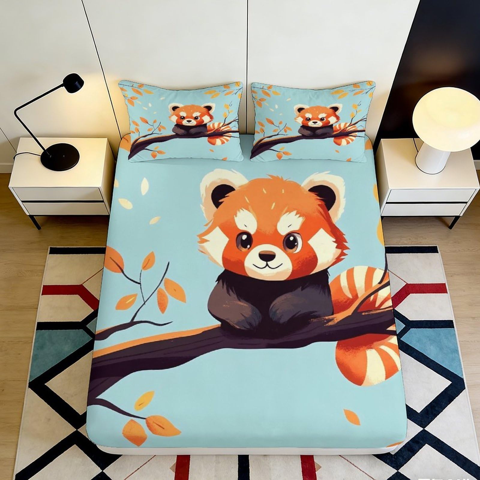 3D Printed Cute Red Panda Fitted Sheet Microfiber Soft Animal Tree Bed Cover for Bedroom Dorm Easy Care 120x200cm 120x200x25cm
