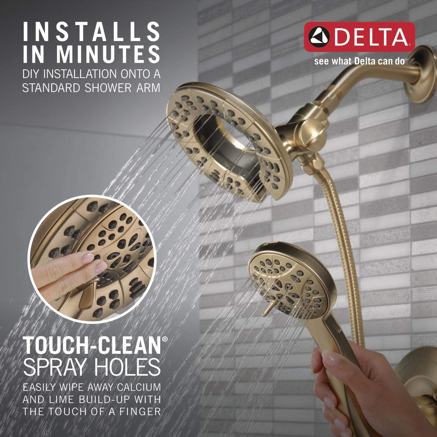 Delta Arvo 14 Series Brushed Gold Shower Faucet Set with In2ition 2-in-1 Dual Shower Head with HandHeld Spray Combo, Valve Trim Kit, Champagne Bronze 142840-CZ-I (Valve Included) - Image 6