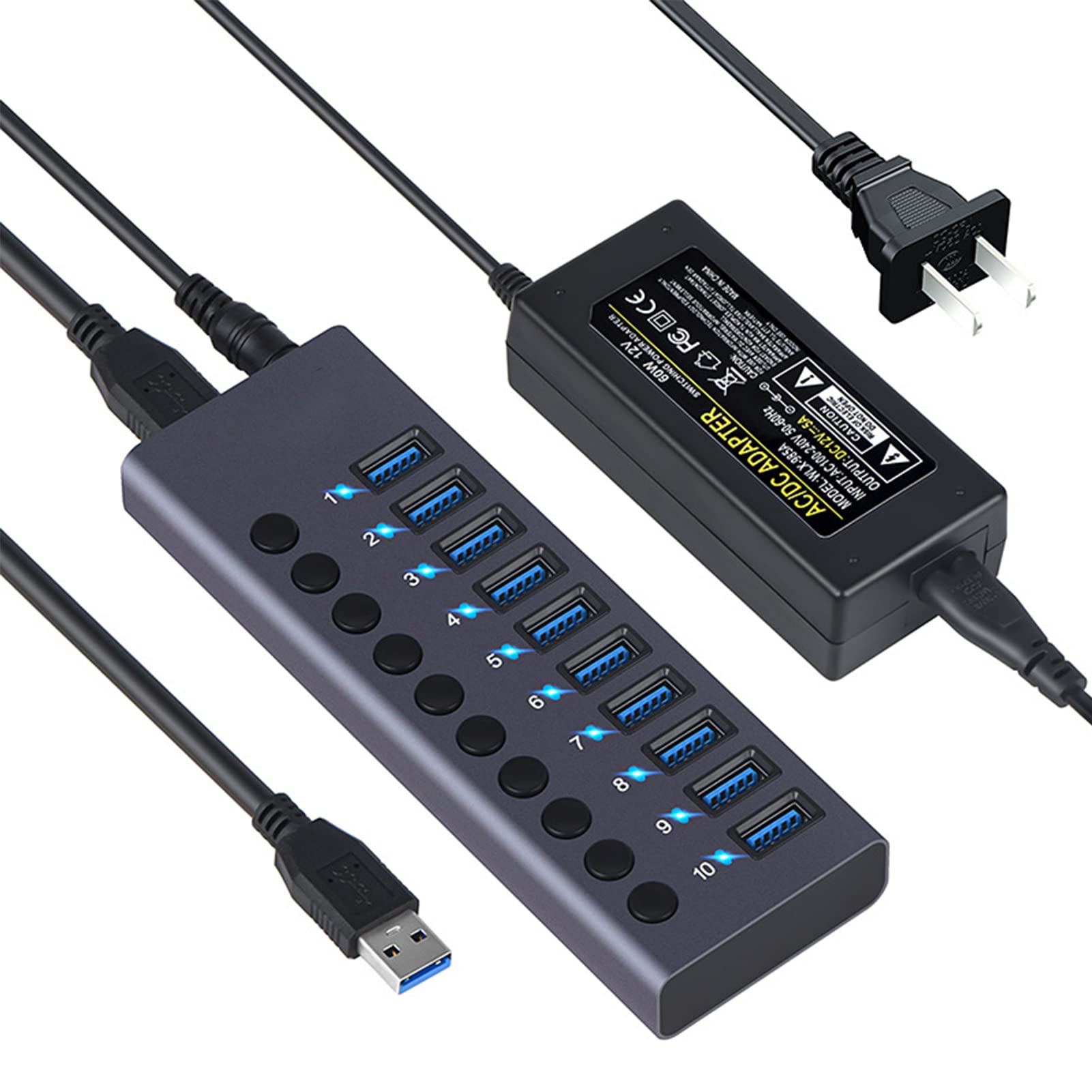 Hub USB 3.0, 10-portowy hub USB Rozdzielacz USB z pojedynczym przełącznikiem, transmisja 5 Gb/s, do komputera przenośnego, komputera, mobilnego dysku twardego