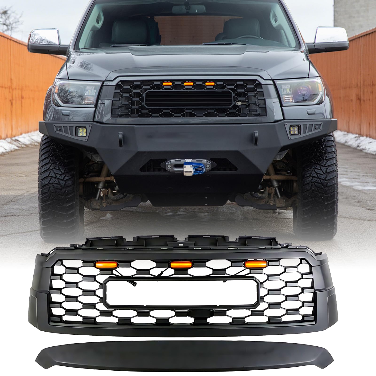 Front Grill Compatible with 2010-2018 Sequoia&2019-2021 Sequoia TRD Style Front Grill Replacement ABS Bumper Grille with Letters and 3 LED Lights