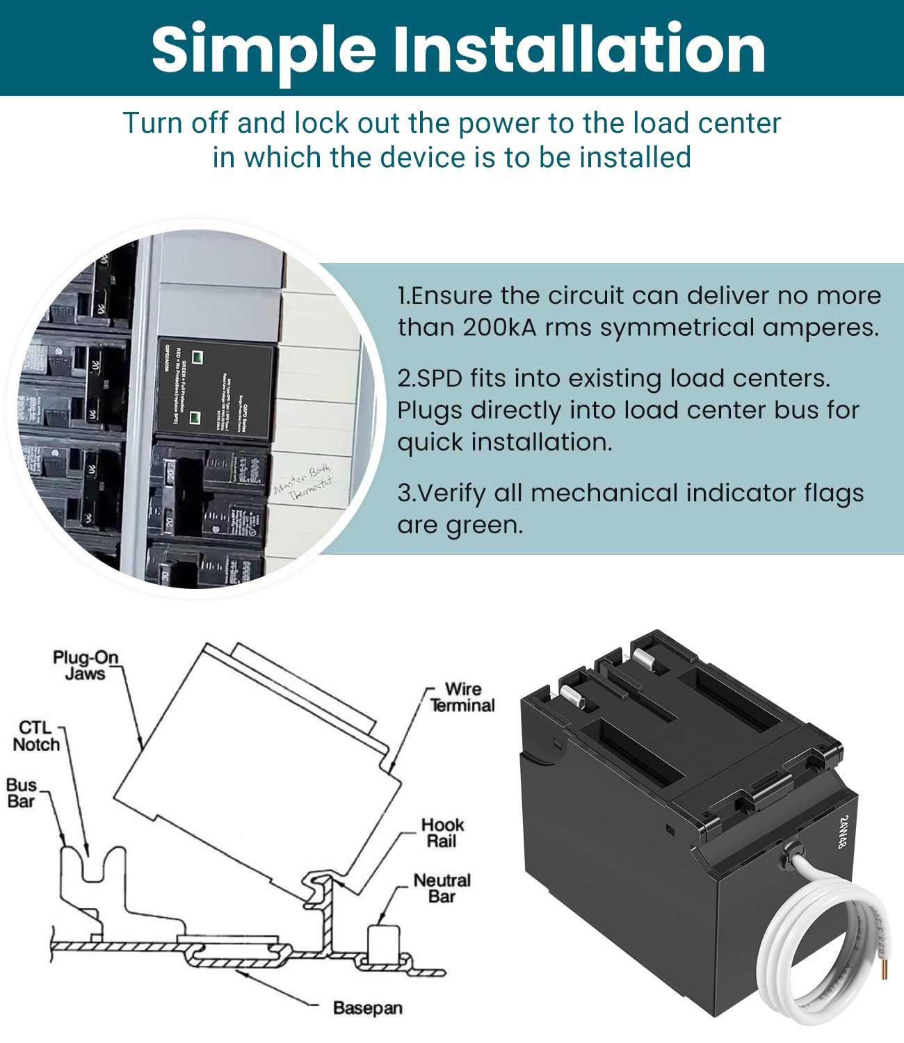 Replacement for Siemens QSPD2A035B, 35kA Indoor Surge Protective Device, Whole House Power Spike Protection, 120/240V 1-Phase 3-Wire, 2-Pole Plug-On with Mechanical Status Indicator