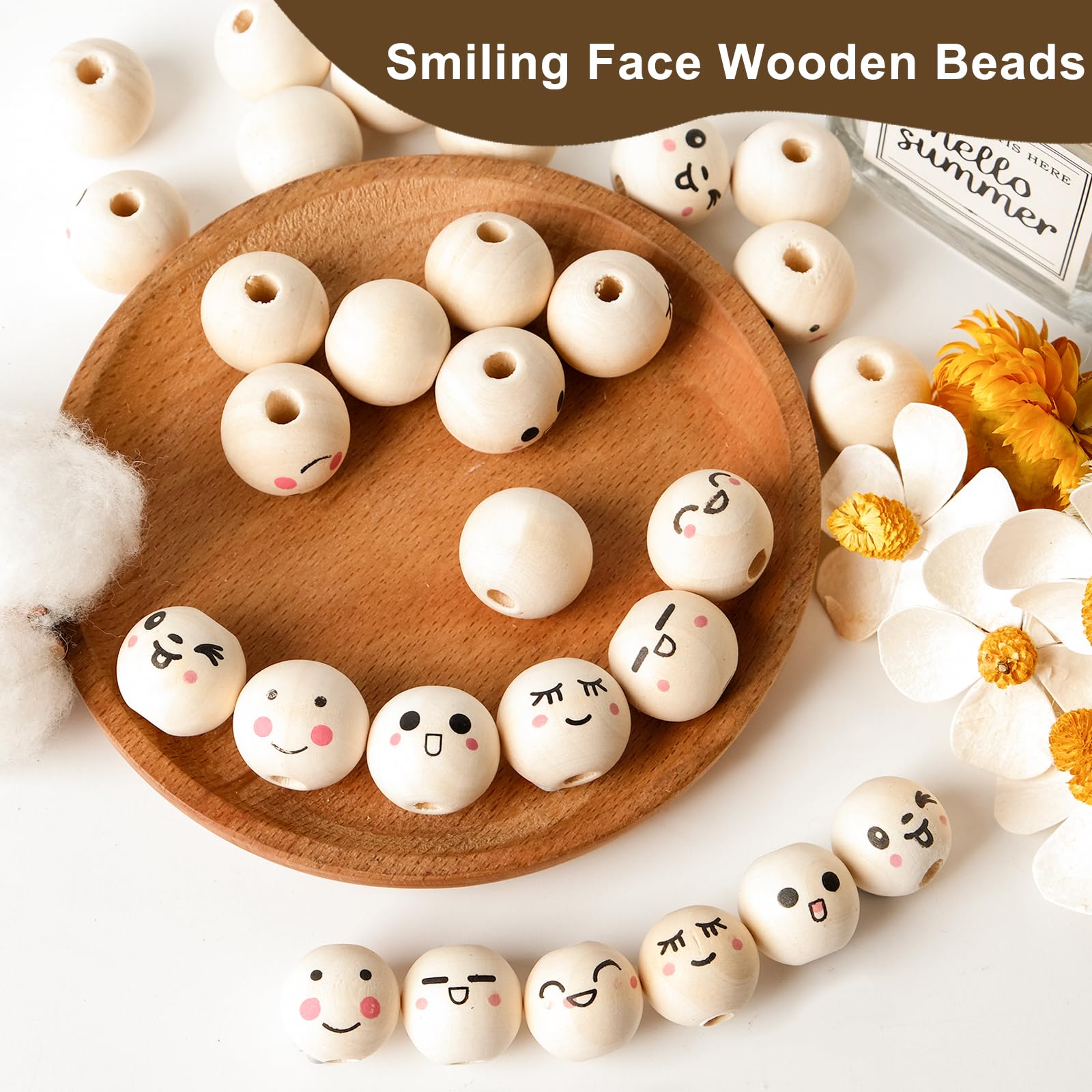 48 Smiley-Holzperlen Mit Gesichtern – 18mm & 20mm – Zum Basteln Von Schmuck & Deko – Naturbelassen & DIY-tauglich