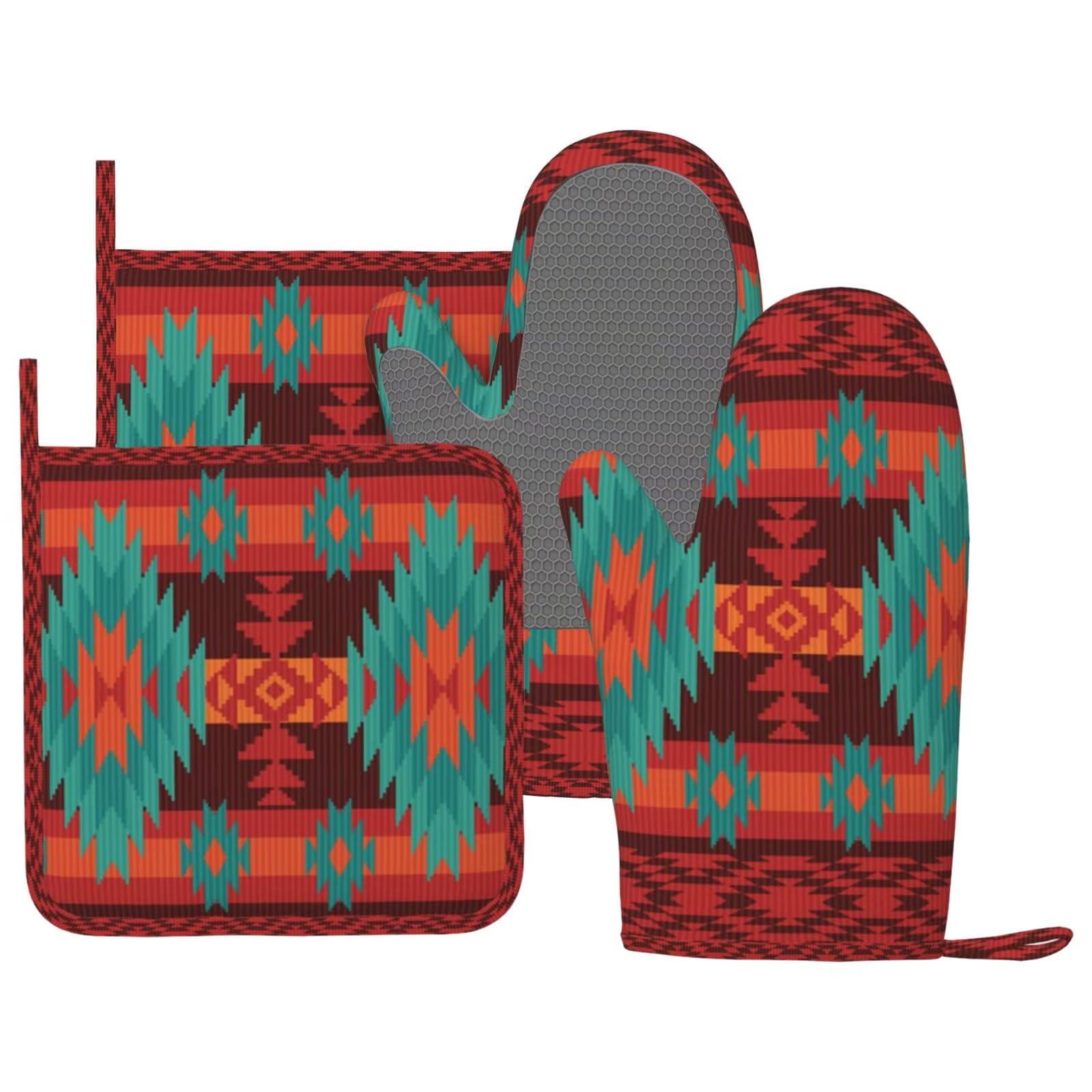 BOKEKANG Geometric Ethnic Tribal Oven Mitts and Pot Holders Set of 4 Silicone Native American Kitchen Mitten Gloves and Aztec Western Potholders Set