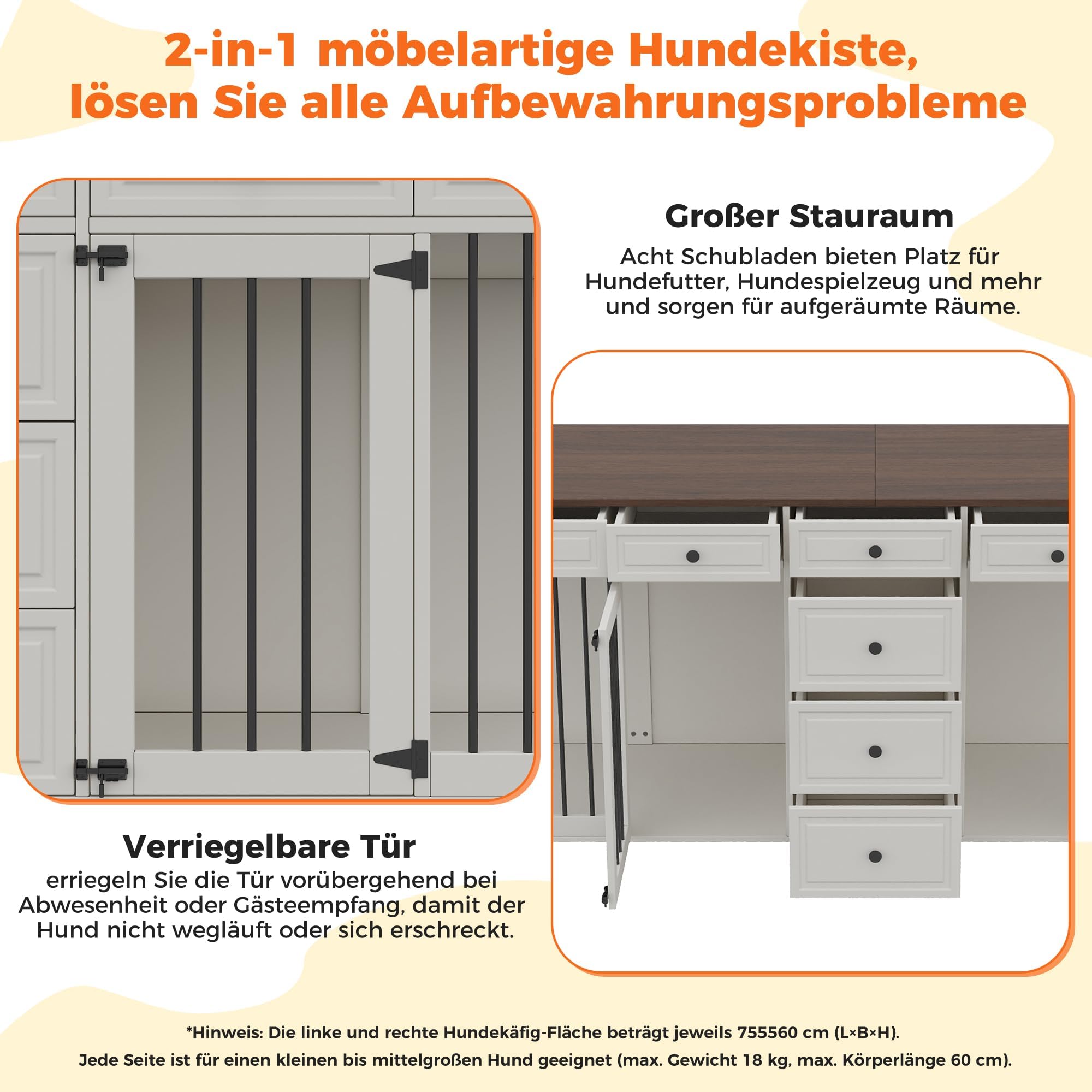 Möbel Hundekäfig TV-Schrank, Doppel-Hundebox mit 8 Schubladen 200x60x85cm