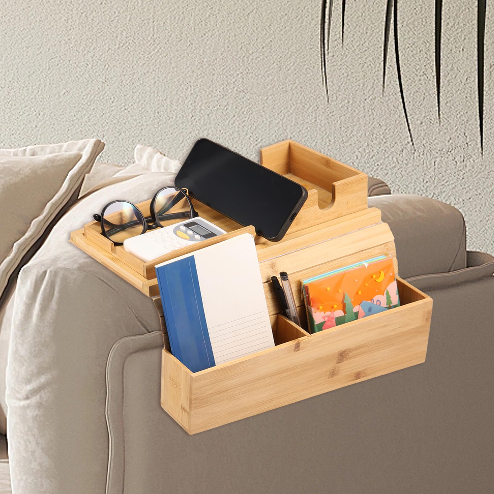 Rhaiqbvc F Natural Bamboo Sofa Arm Tray, Oldable Couch Arm Tray With Couch Cup Holder & Side Storage Pocket,Anti-Slip Sofa Armchair Caddy Table Or Drink Cellphone Tv Remote Snack (F)