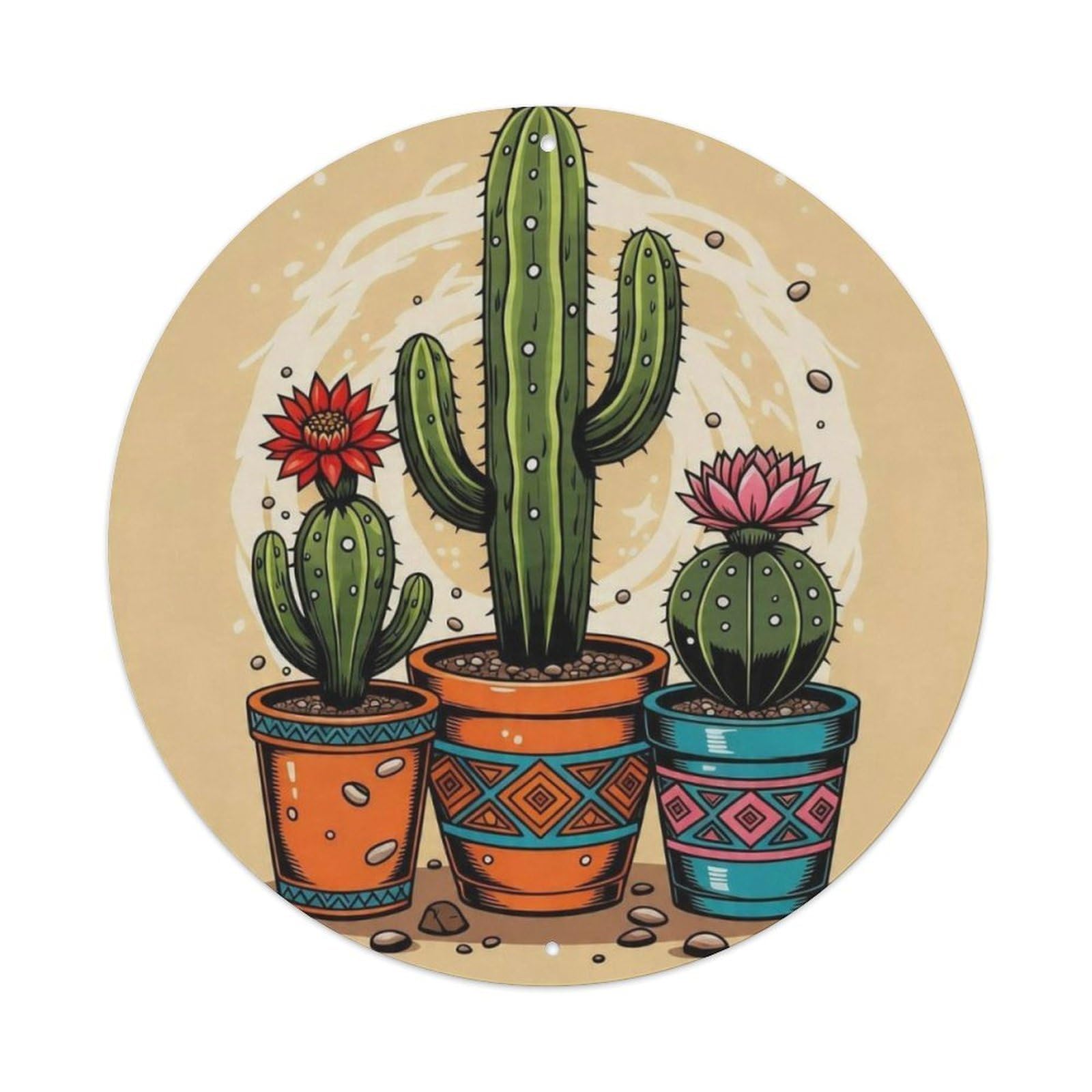 Vintage Potted Cactus Southwest Style Round Metal Sign Vintage Aluminium Metal Sign, Retro Wall Decor for Home, Bar, Garage & Farmhouse 20x20cm