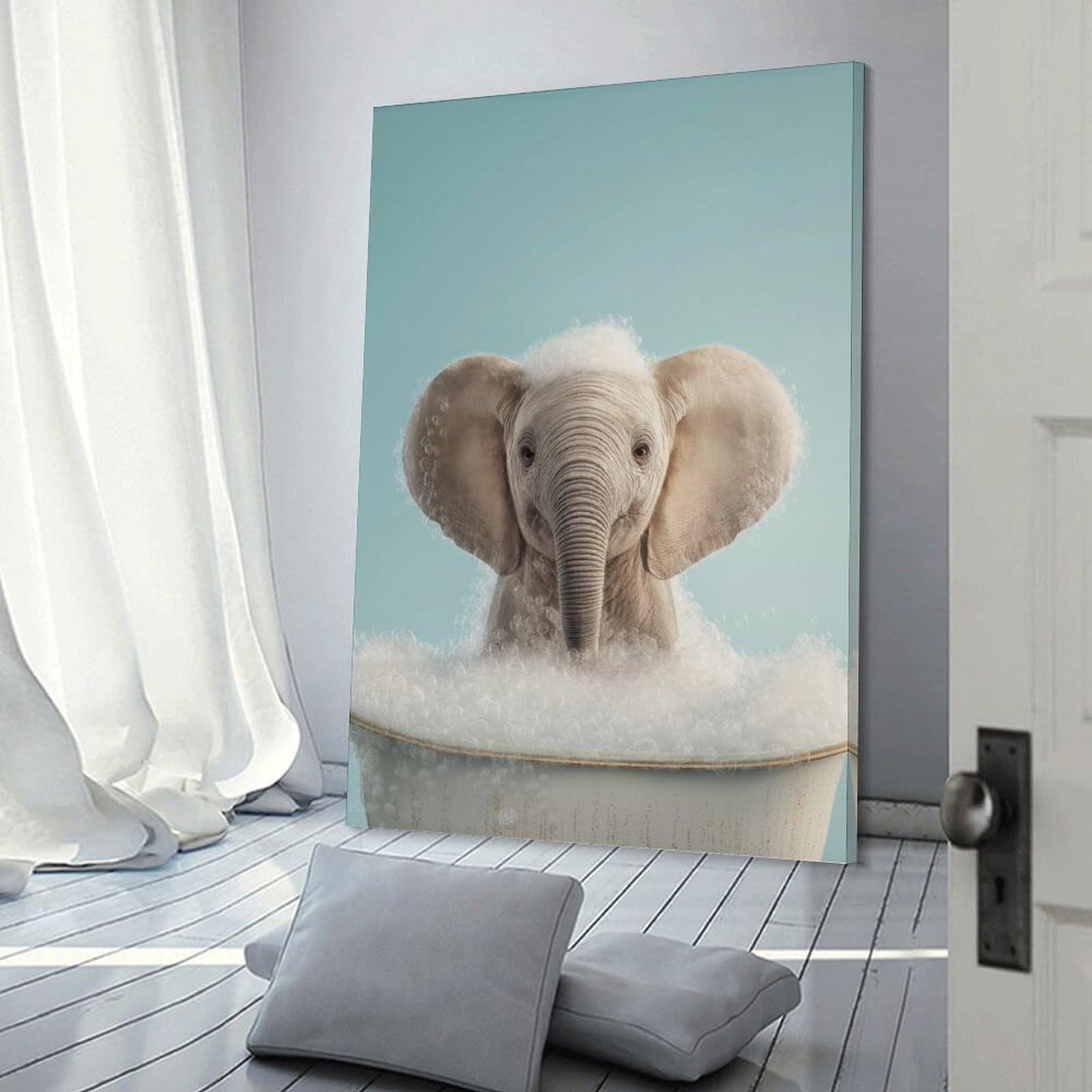 Junmoney Wall Picture Print Baby Elephant in A Bubble Bath, 24x36inch(60x90cm), for Entrance Walls, Hall Decor Or Foyers, A Neat Decor Update for Hallways