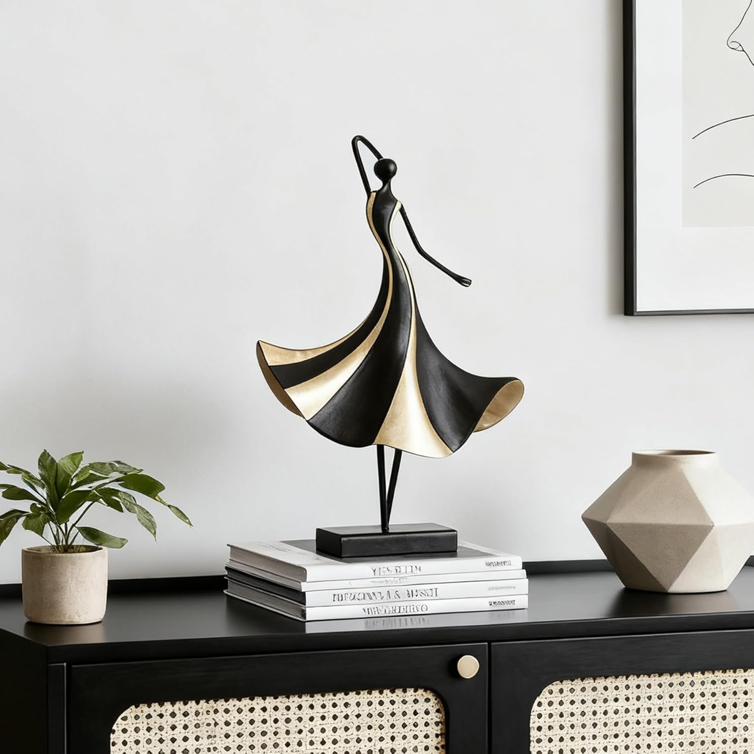 Abstract Metal Dancer Sculpture, Modern Black and Gold Figurine with Base, Elegant Artistic Home Decor Accent for Living Room, Shelf, Table, Office