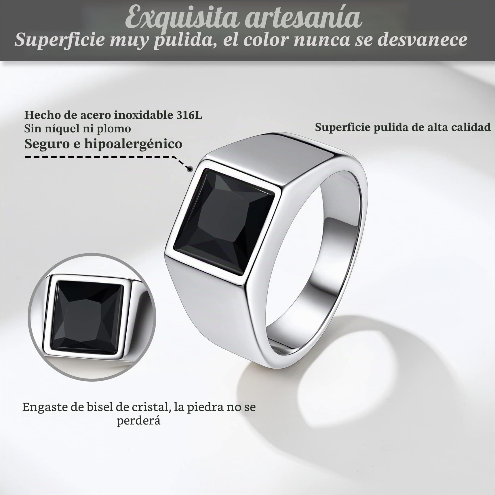 Bestyle Anillo de Sello Cuadrado Hombre Ancho 8mm Piedra Negro/Azul | Acero Inoxidable Personalizados Anillos para Mujer Hombre Tamaño 14.5-32.5