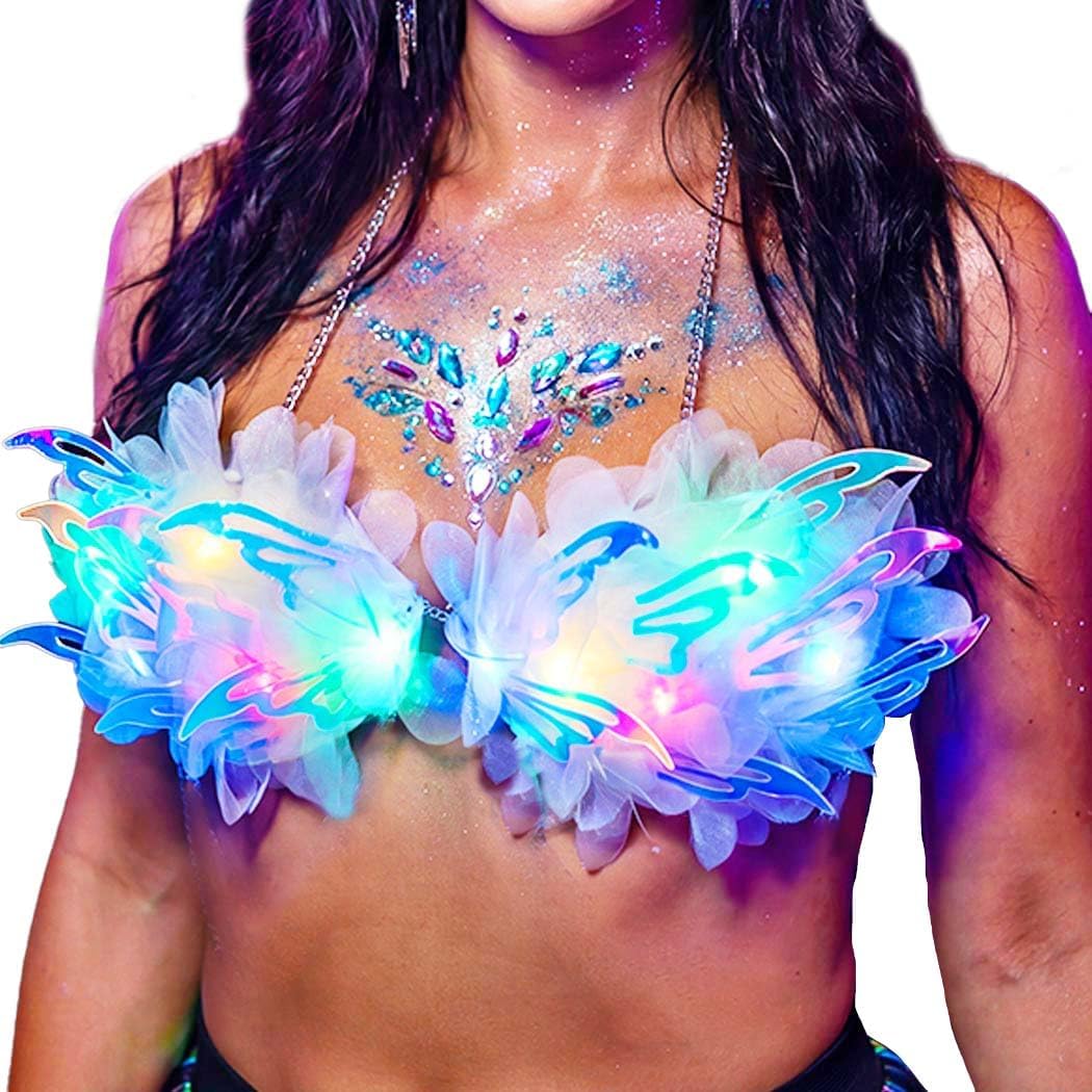 GRAEEN Light Up Bra Top LED Wing Bra Glowing Fairy Costume Tops for Women White