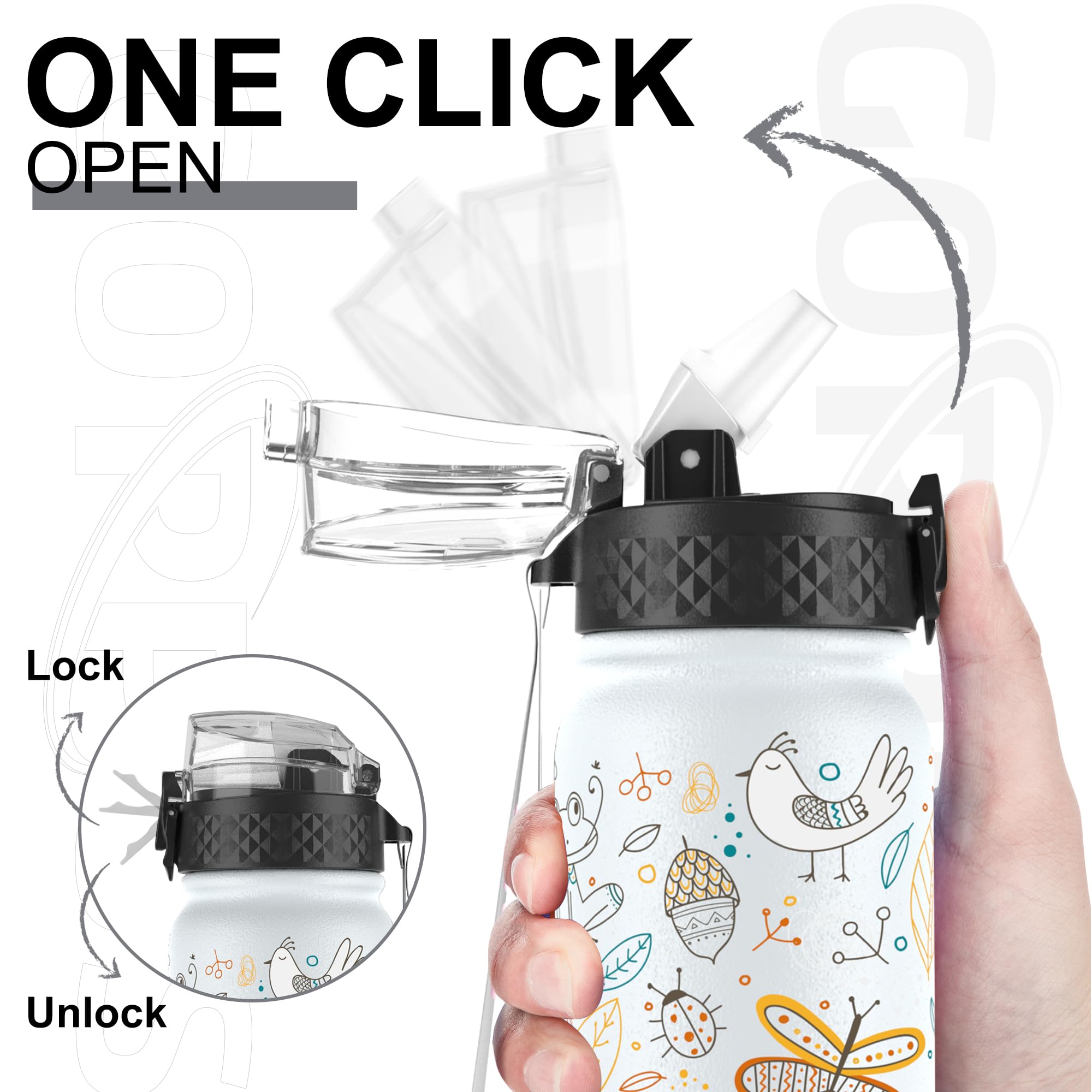 GOPPUS 600ml/20oz Stainless Water Bottle with Straw Double Wall Insulated Bottles with Strap One Hand Open Vacuum Thermal Flask Leakproof Keep Cold Bottles with Flip Top Lid BPA Free (White Animal) - Image 2