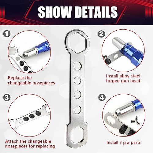 Miniatura 4 de Kit adaptador de pistola de remache, kit de herramientas manuales de tuerca de remachado profesional, cabeza de remache de diámetro de