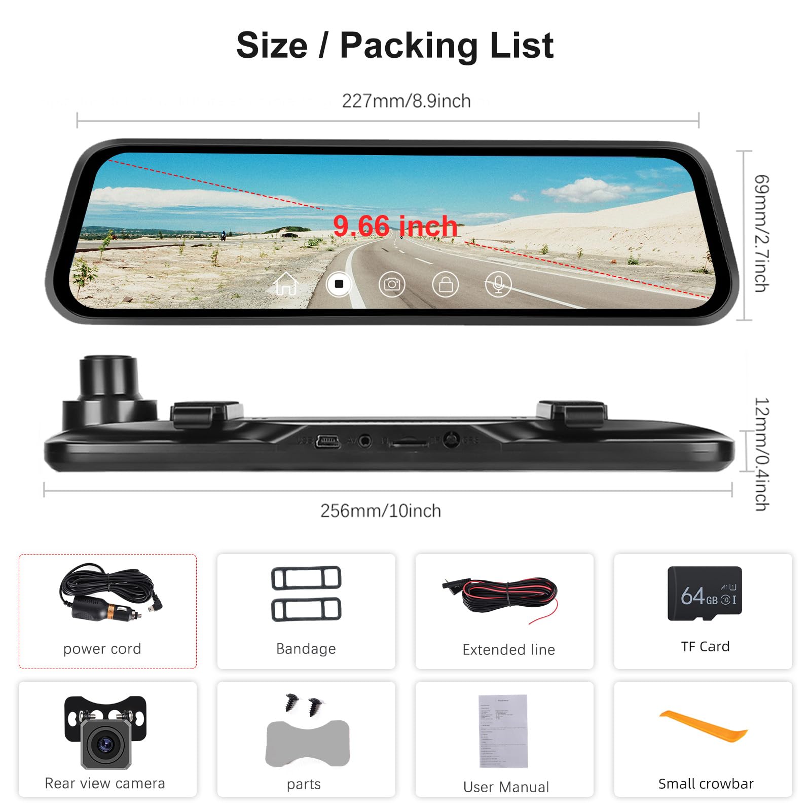 Espejo Retrovisor Coche Dash CAM Cámara, 9.66 Pulgadas Pantalla Táctil IPS LCD Espejo Retrovisor Dashcam HDR Vista Delantera y Trasera Cámaras 1080P, Visión Nocturna, Aparcamiento, Grabación en Bucle