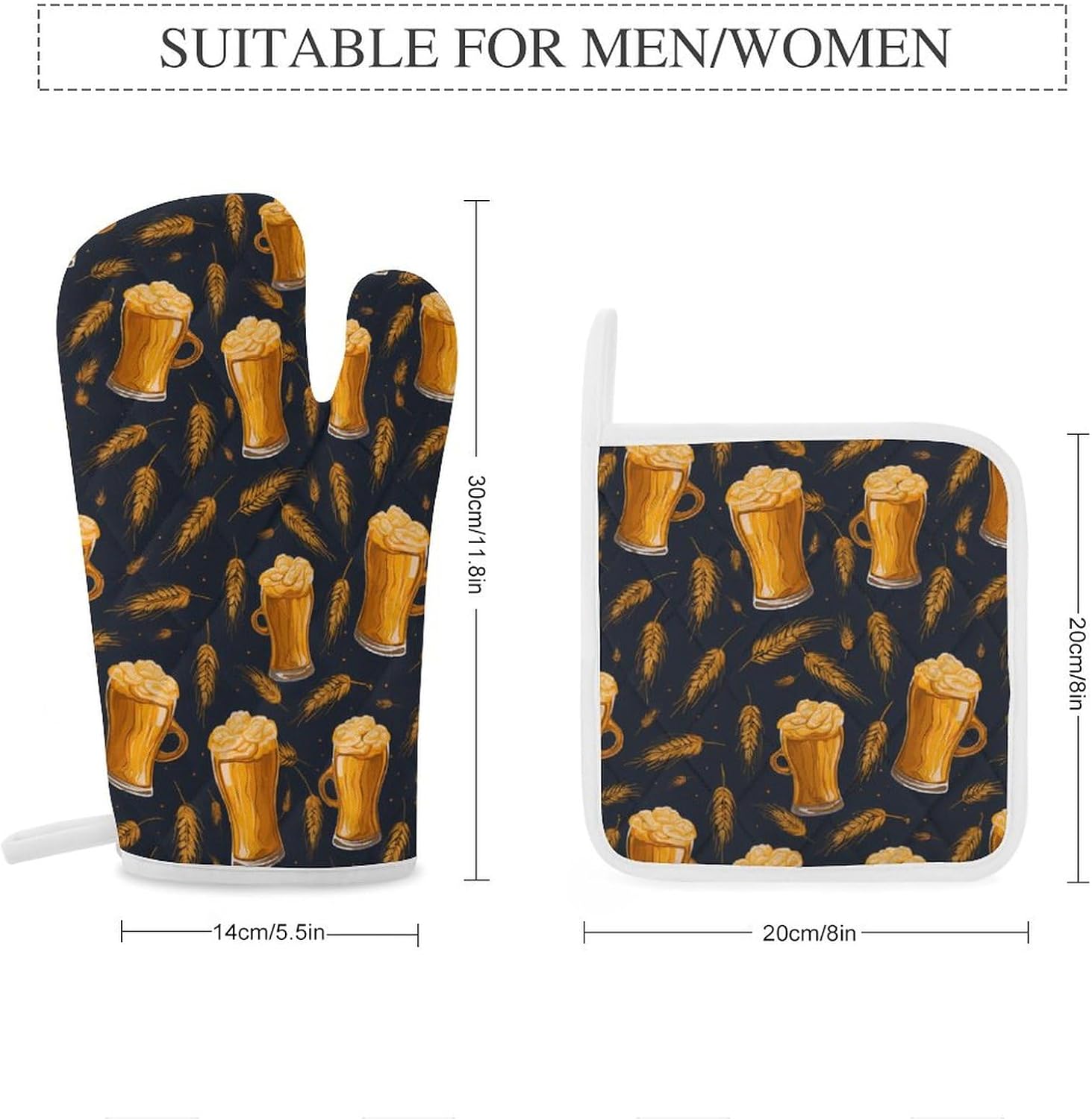 Alcohol Beer Pattern 4 Pcs Oven Mitts and Pot Holders Set High Heat Resistant Long Kitchen Oven Glove Potholders